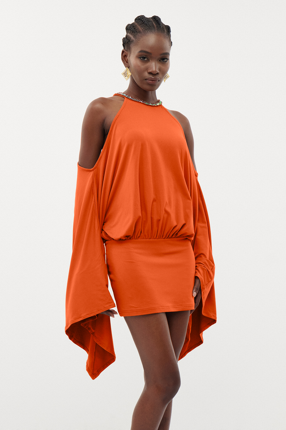 Drika Backless Chain Sequin Mini Dress In Orange