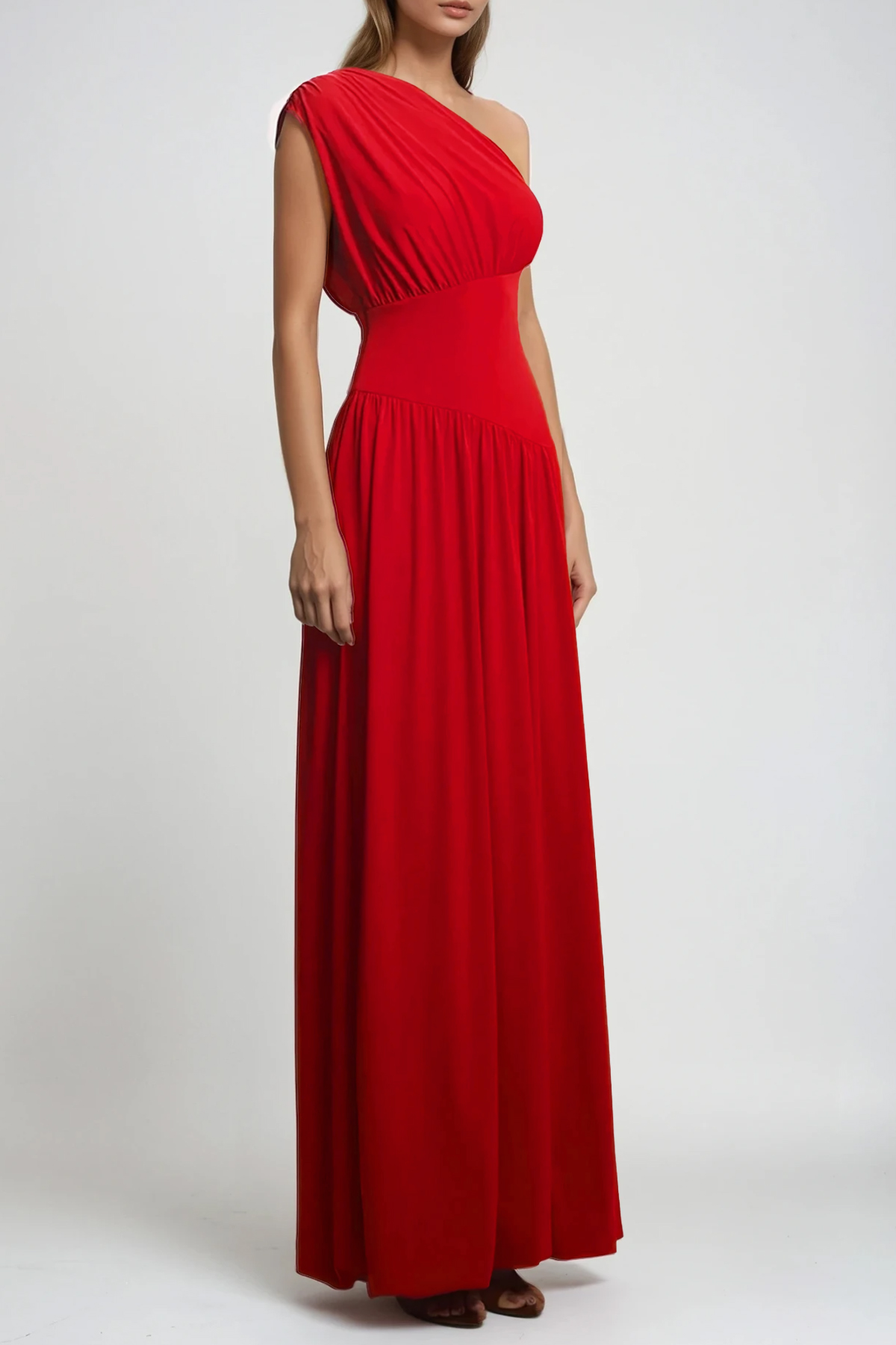 Drousilla One Shoulder Ruch Maxi Dress In Red