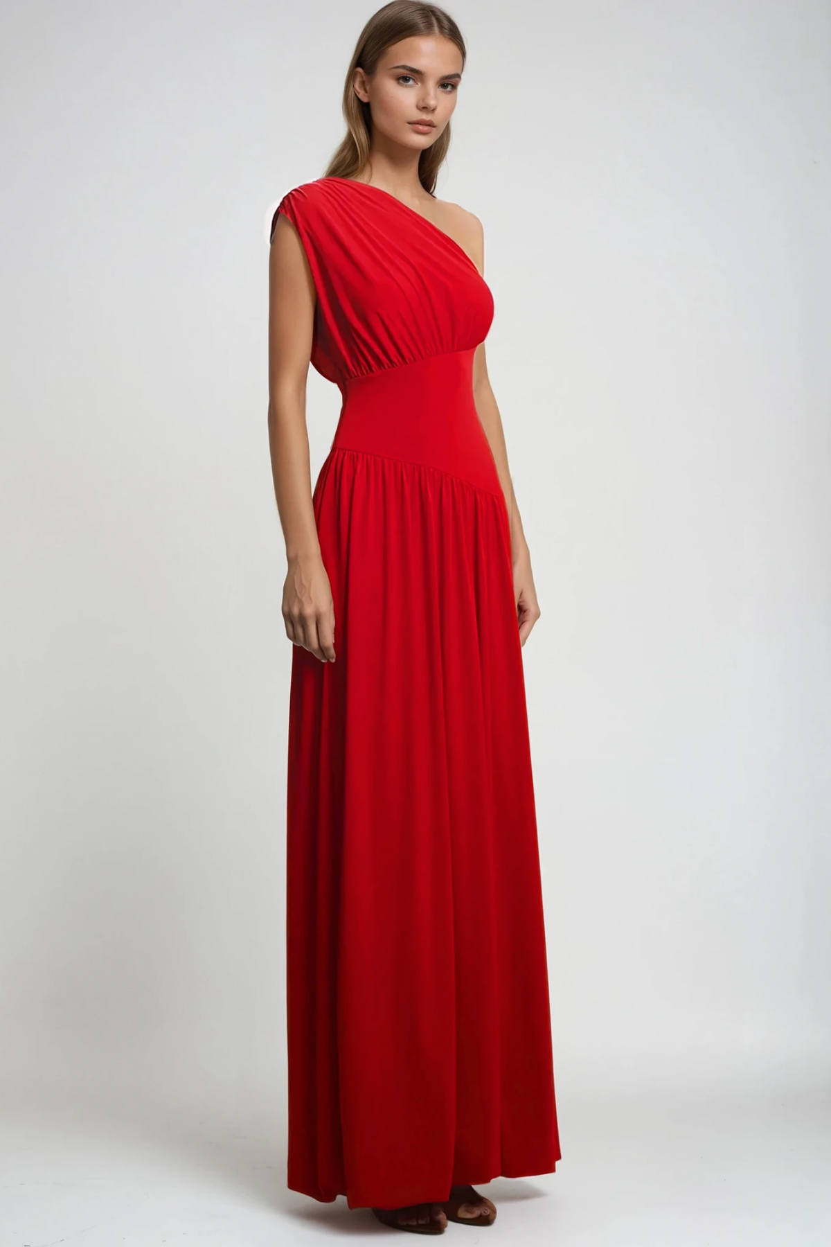 Drousilla One Shoulder Ruch Maxi Dress In Red