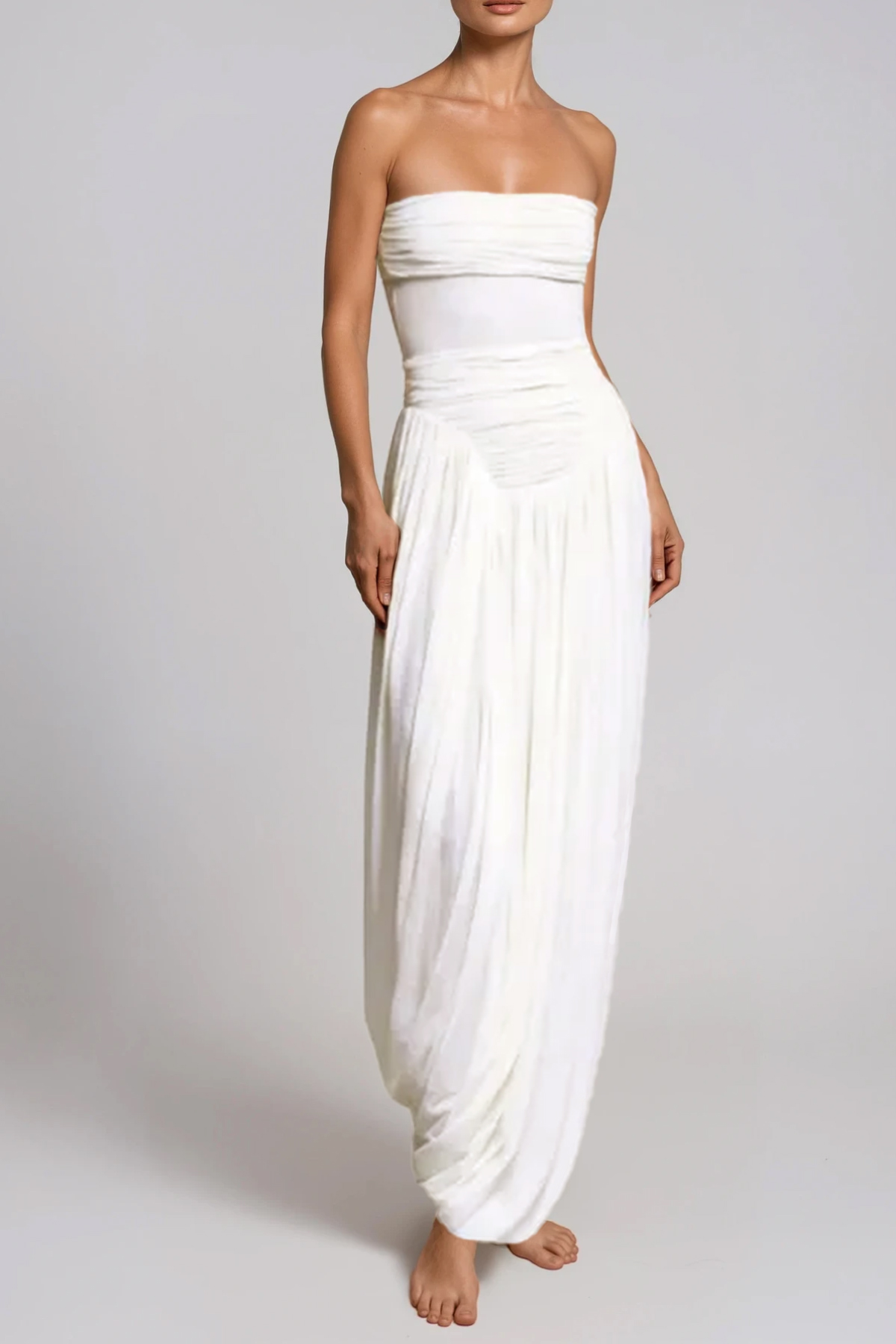 Dru Strapless Draped Mesh Maxi Dress