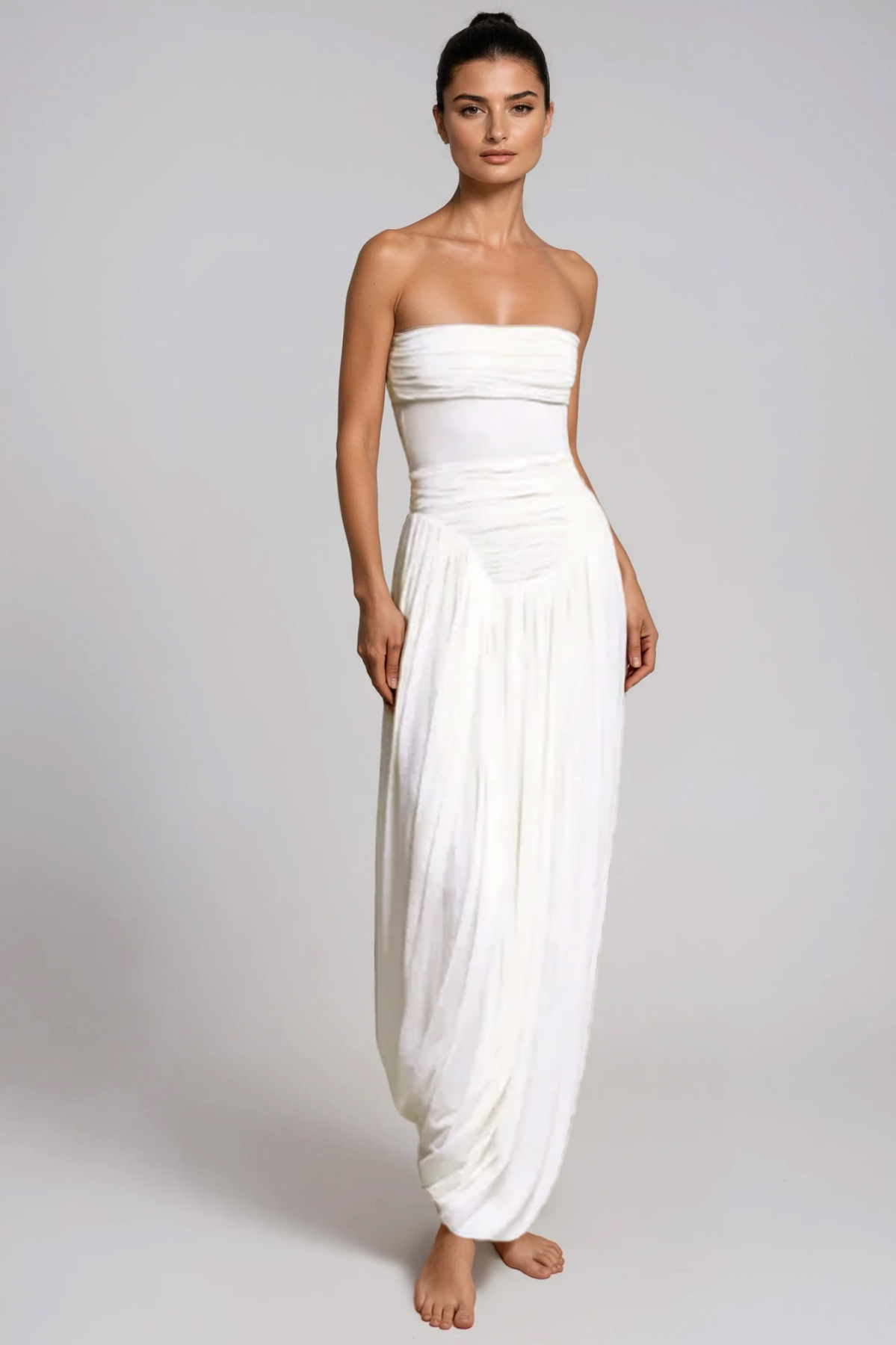 Dru Strapless Draped Mesh Maxi Dress