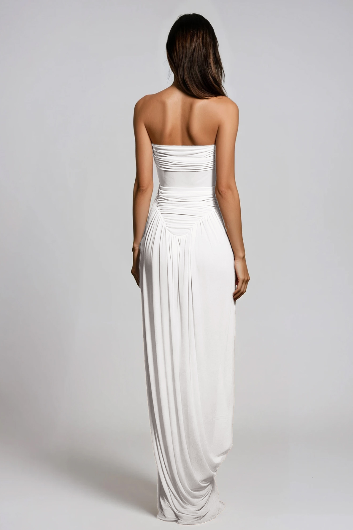 Dru Strapless Draped Mesh Maxi Dress