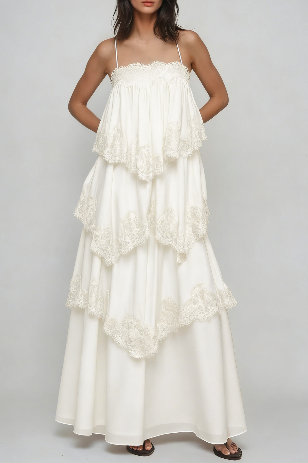 Drummond Spaghetti Lace Maxi Tiered Dress In White