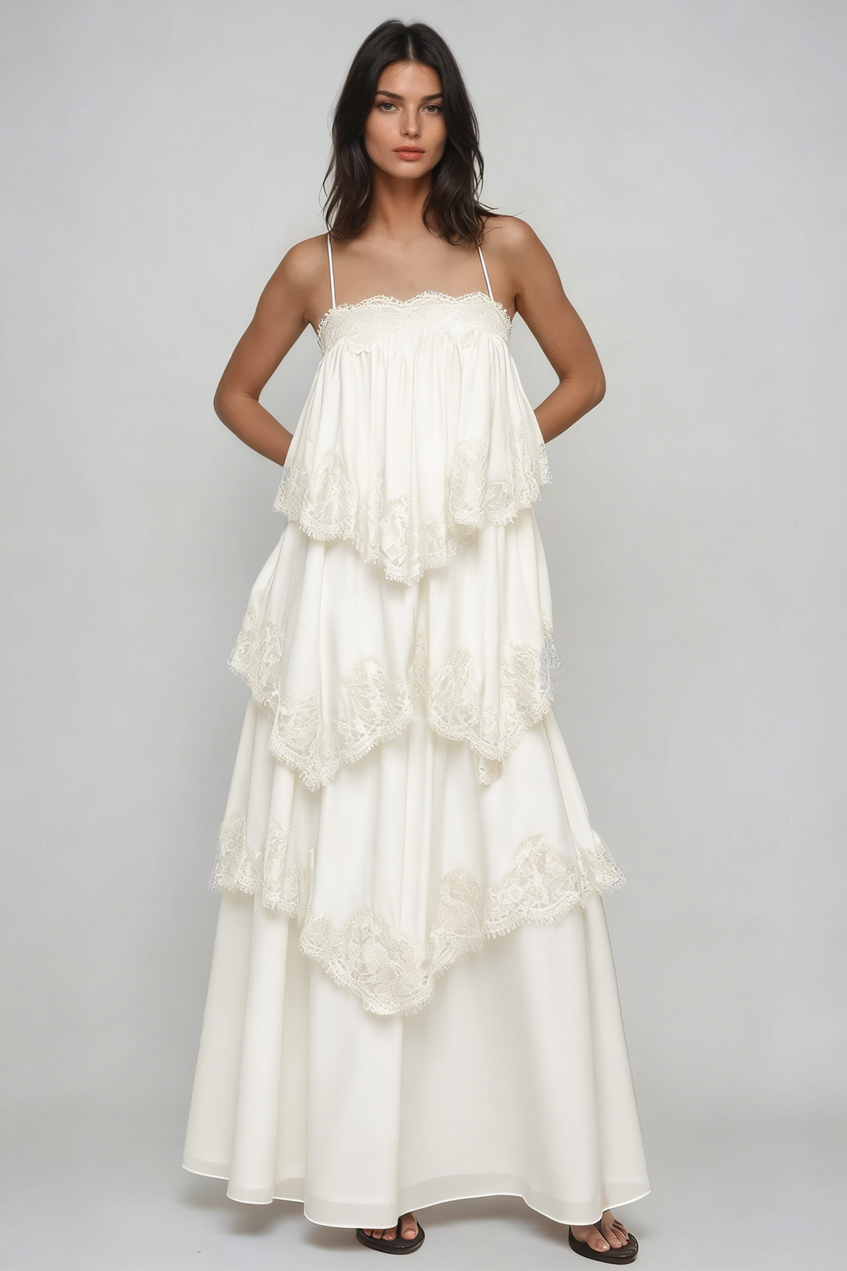 Drummond Spaghetti Lace Maxi Tiered Dress In White