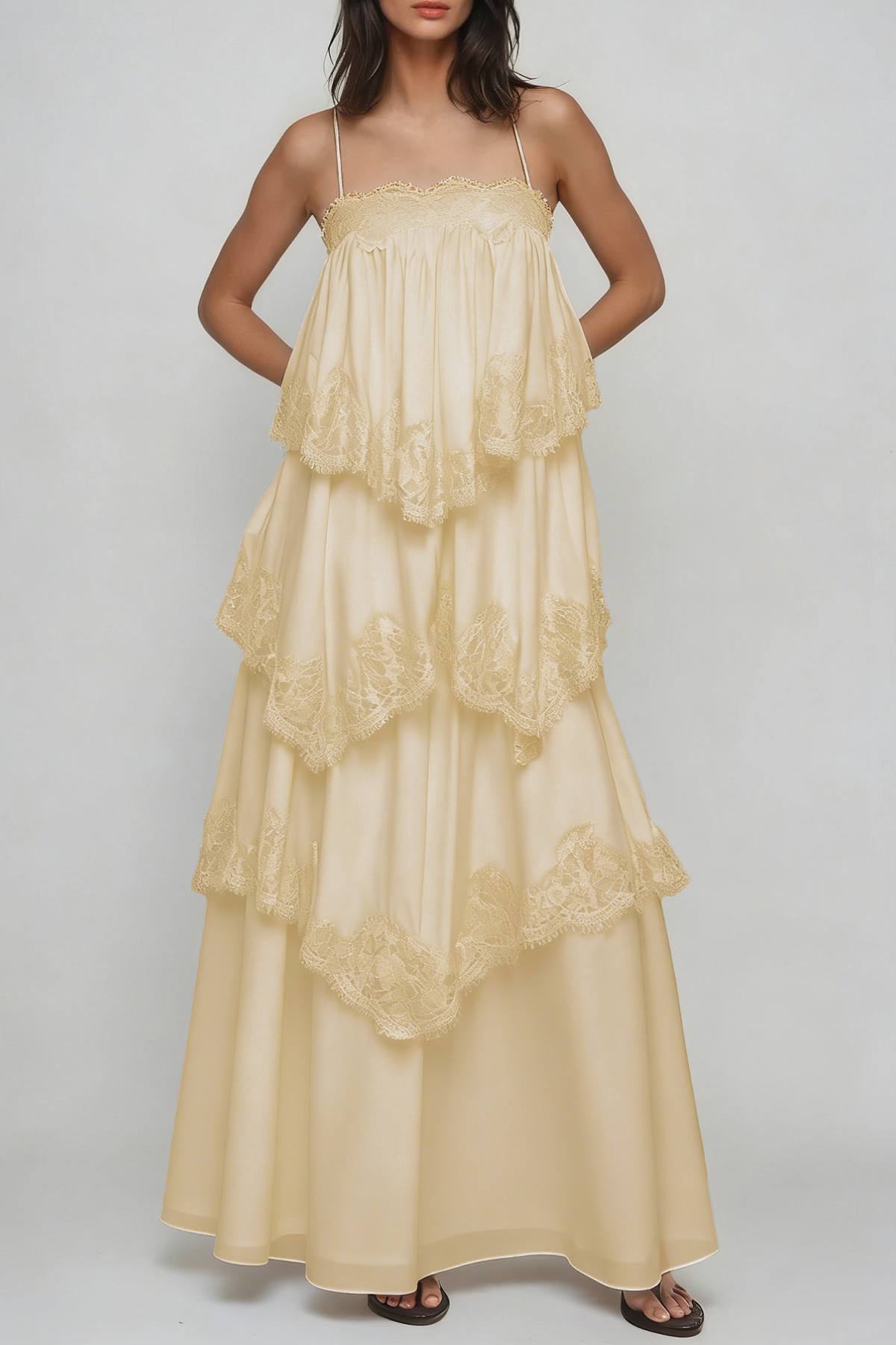 Drummond Spaghetti Lace Maxi Tiered Dress In Yellow