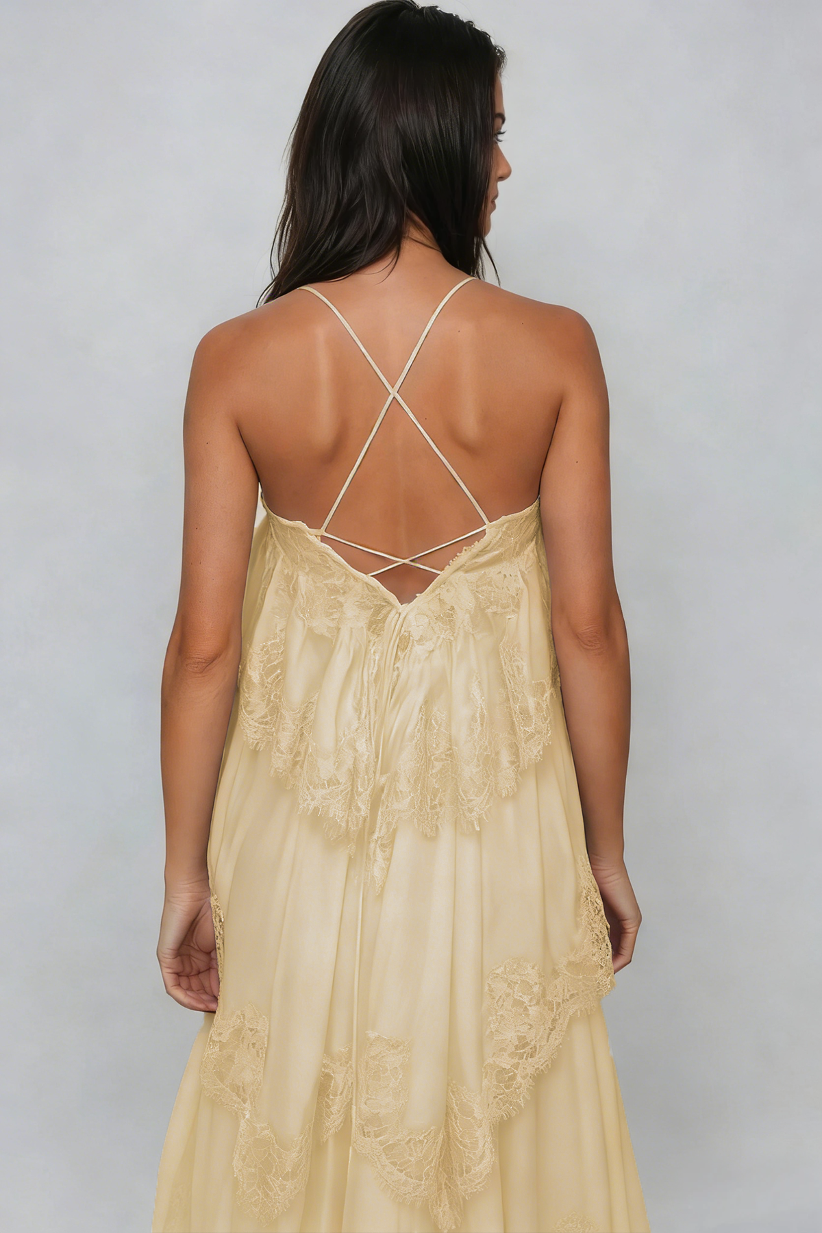 Drummond Spaghetti Lace Maxi Tiered Dress In Yellow