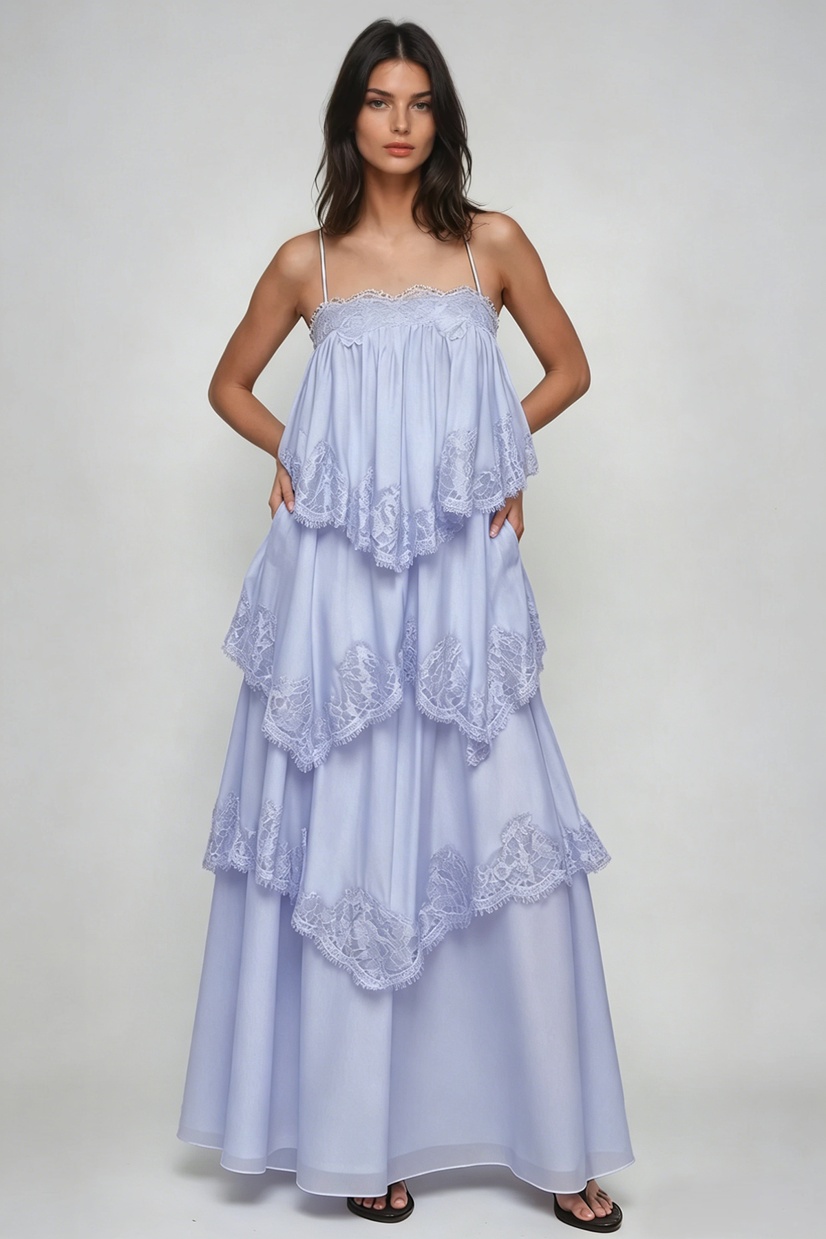 Drummond Spaghetti Lace Maxi Tiered Dress In Blue