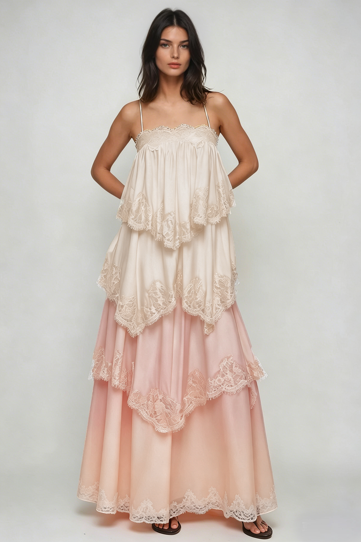 Drummond Spaghetti Lace Maxi Tiered Dress In Pink