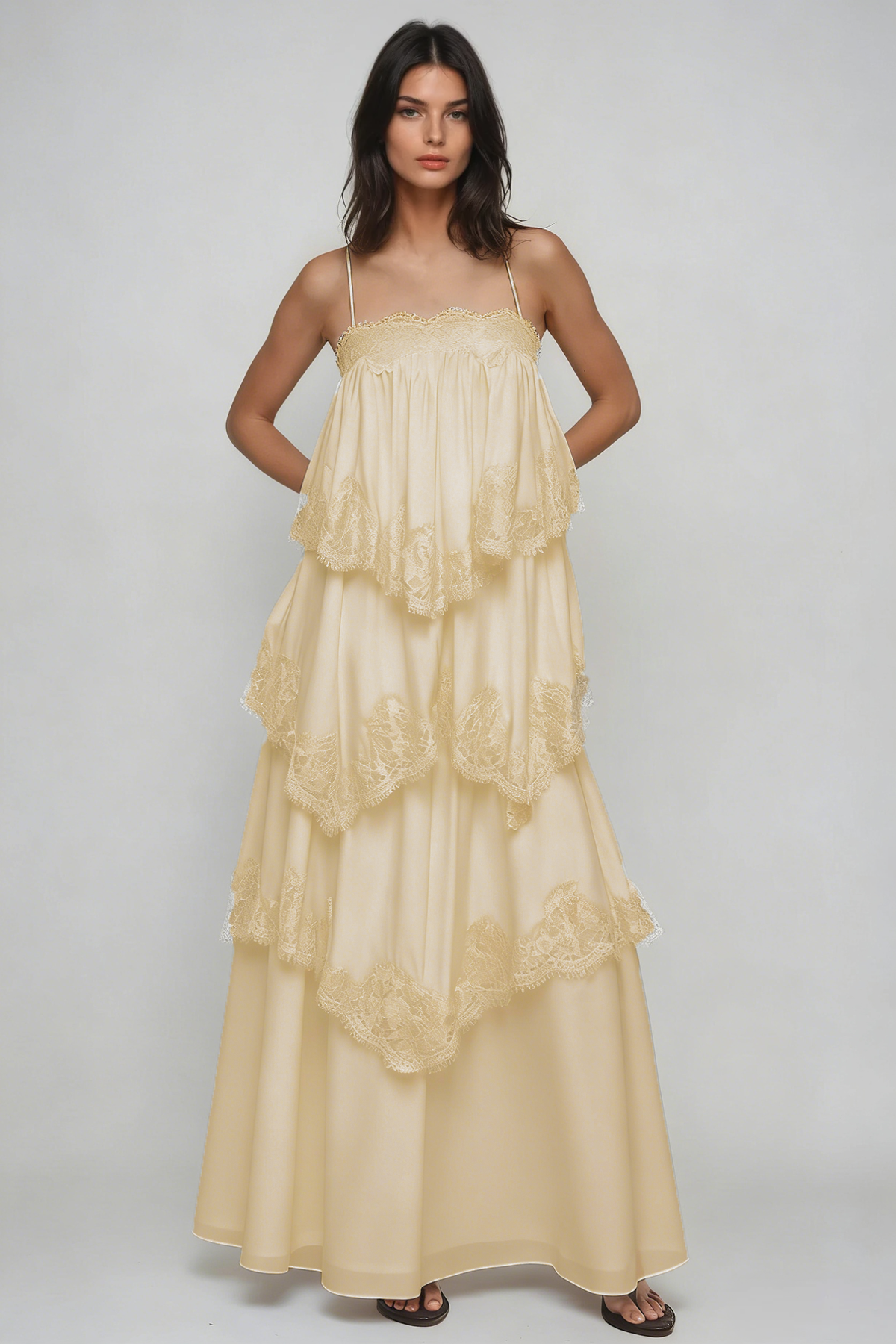 Drummond Spaghetti Lace Maxi Tiered Dress In Yellow
