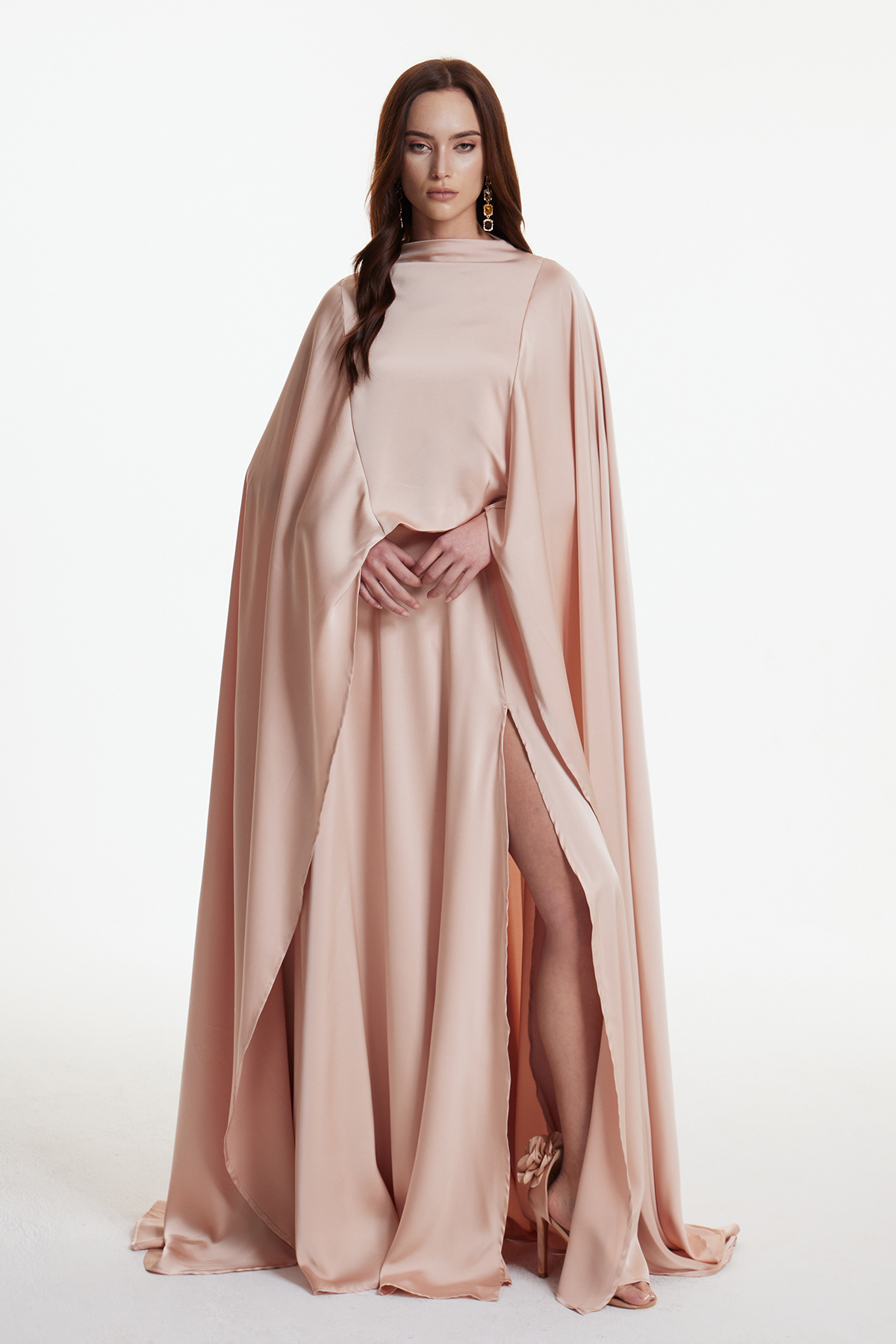Drupada Split Satin Shawl Maxi Dress