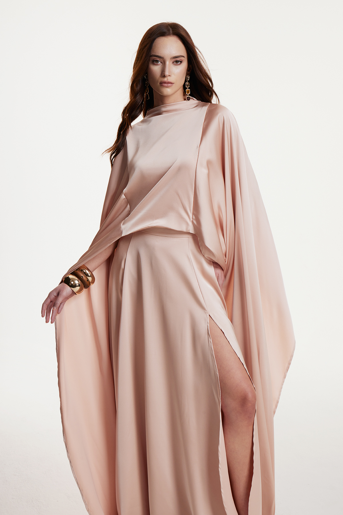 Drupada Split Satin Shawl Maxi Dress