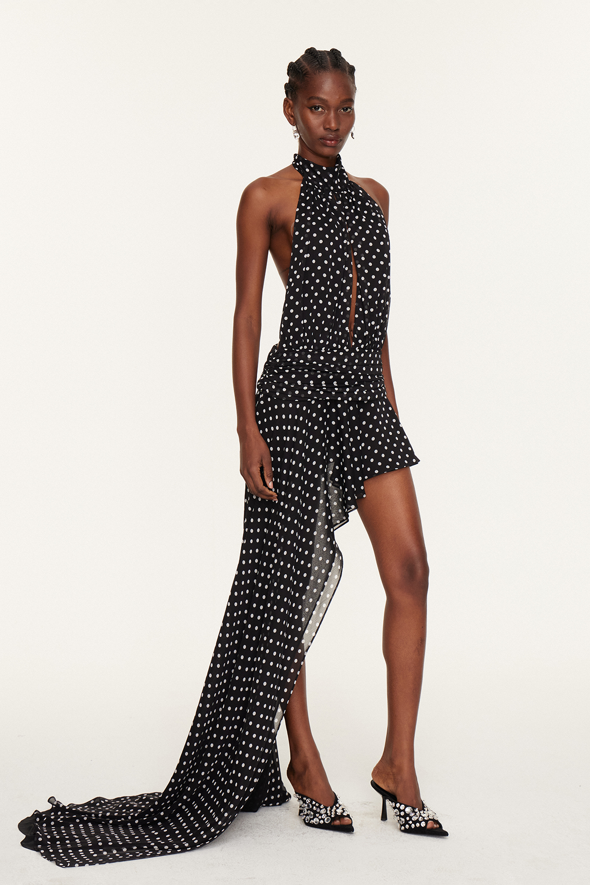 Dumuzi Halter Neck Asymmetric Dot Maxi Dress