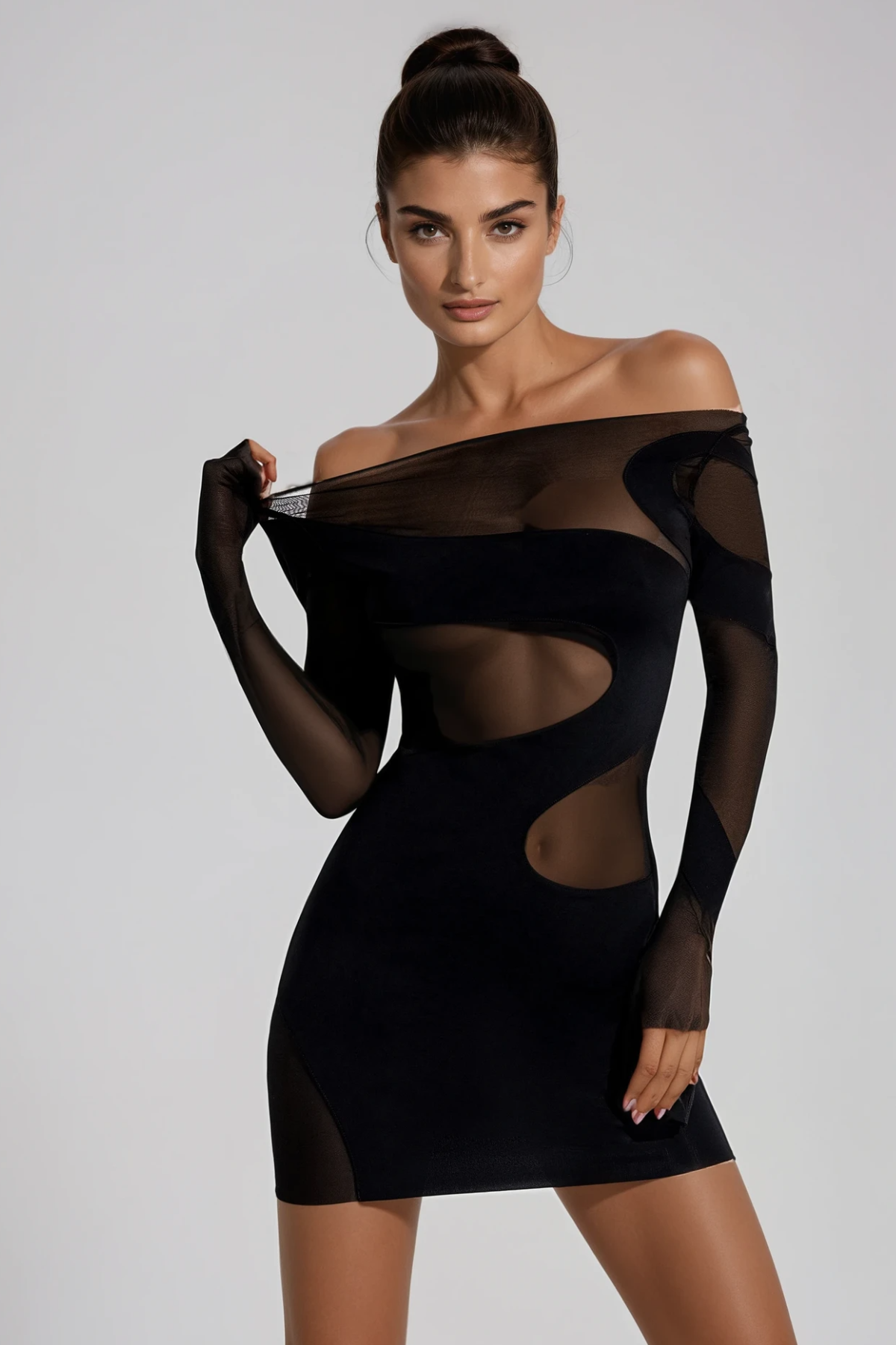 Dunja Off Shoulder Asymmetric Mesh Mini Dress