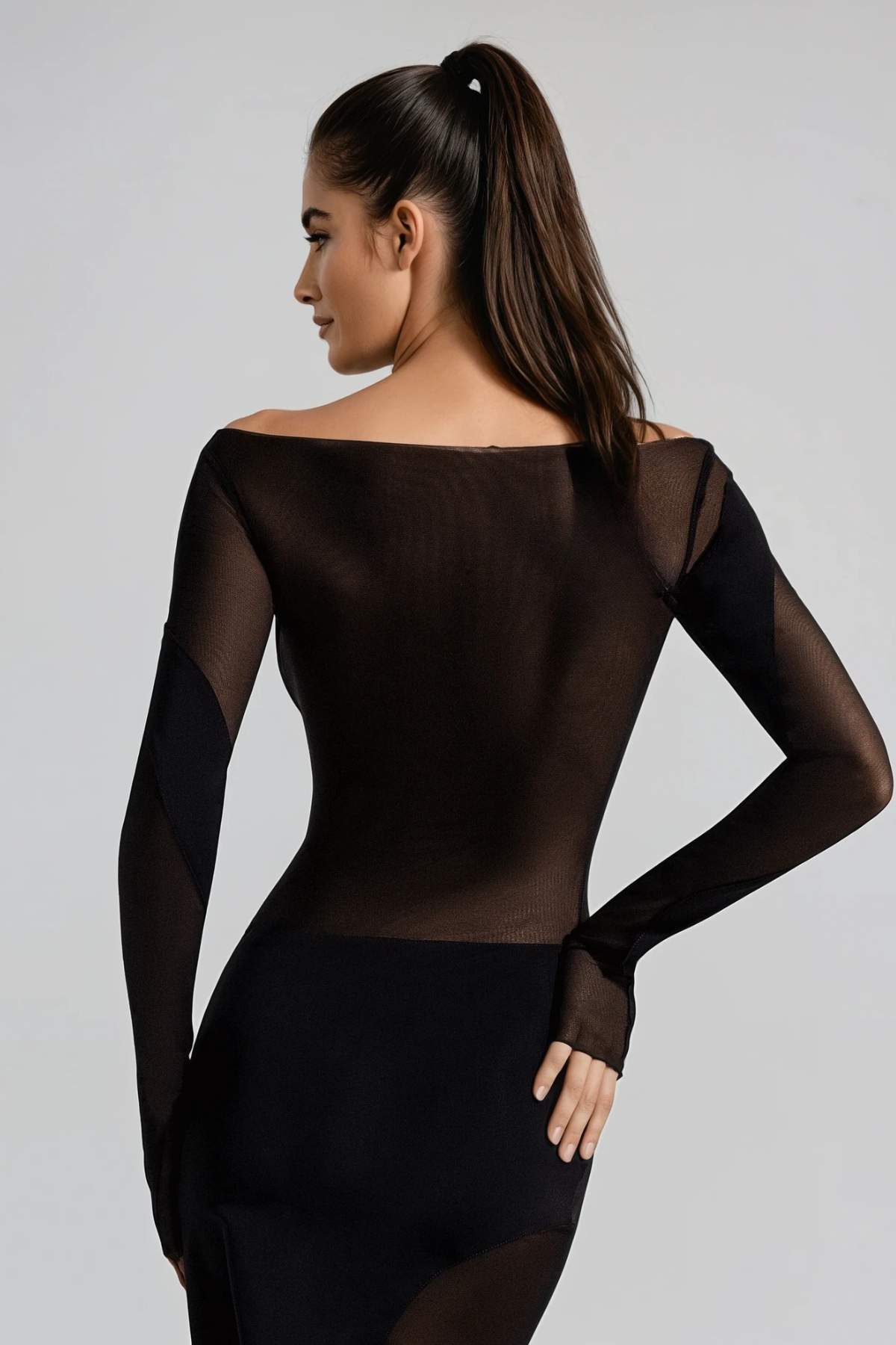 Dunja Off Shoulder Asymmetric Mesh Mini Dress