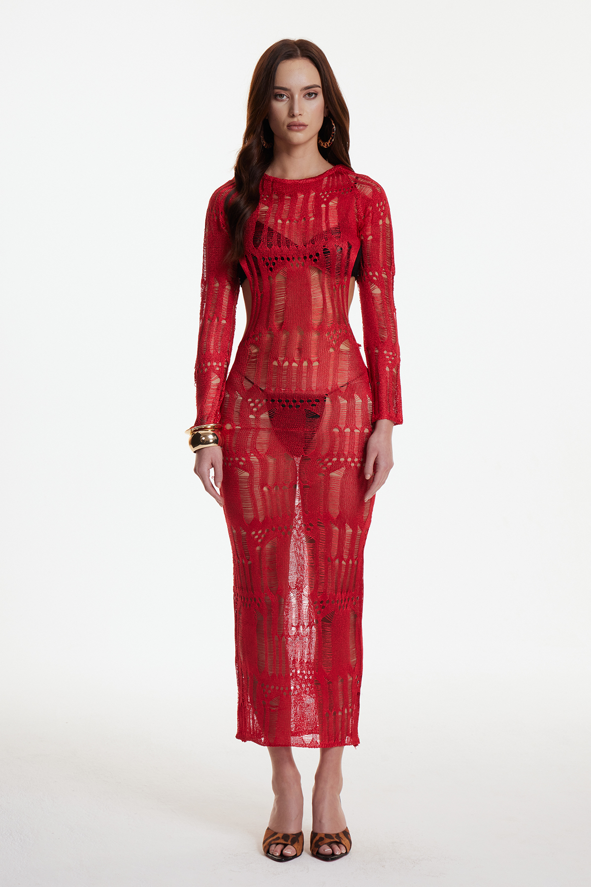 Dzana Backless Ripped Maxi Dress In Red