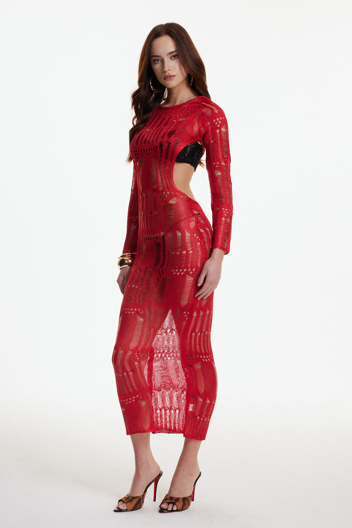 Dzana Backless Ripped Maxi Dress In Red