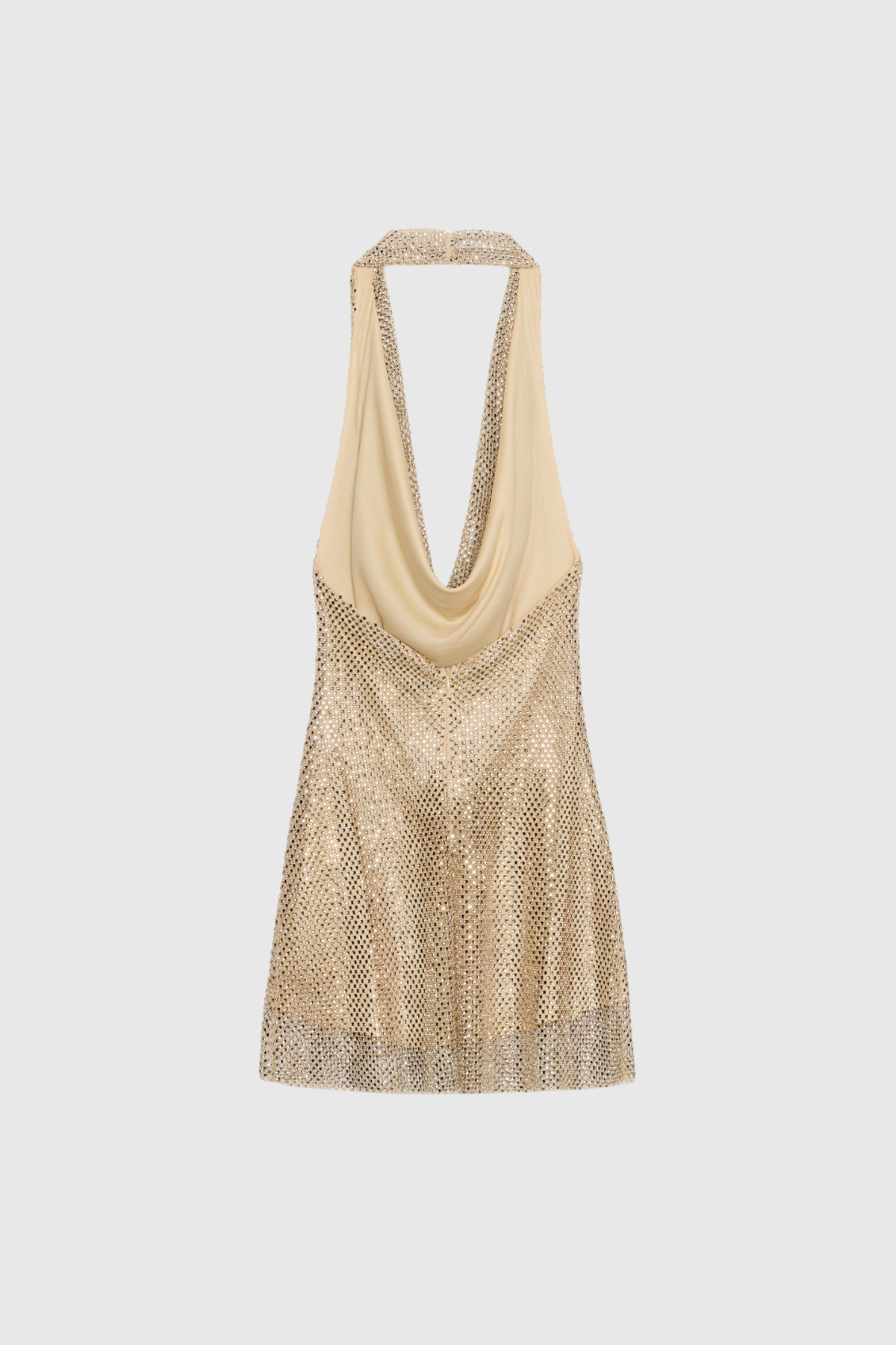 Dzenita Cowl Neck Rhinestone Mesh Mini Dress