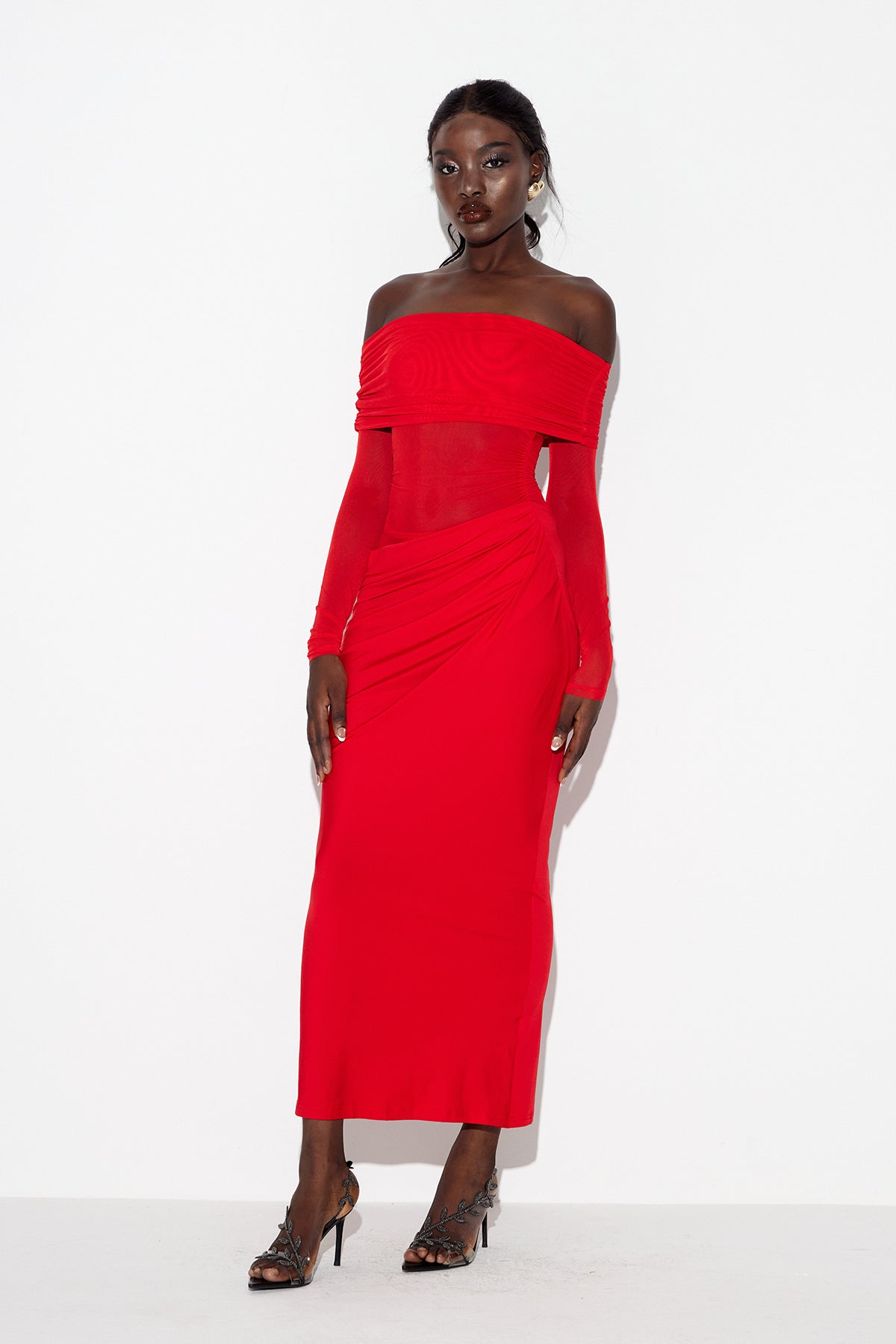 Earline Off Shoulder Ruch Mesh Maxi Dress In Red