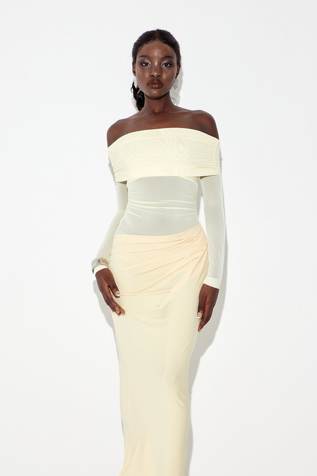 Earline Off Shoulder Ruch Mesh Maxi Dress In Yellow