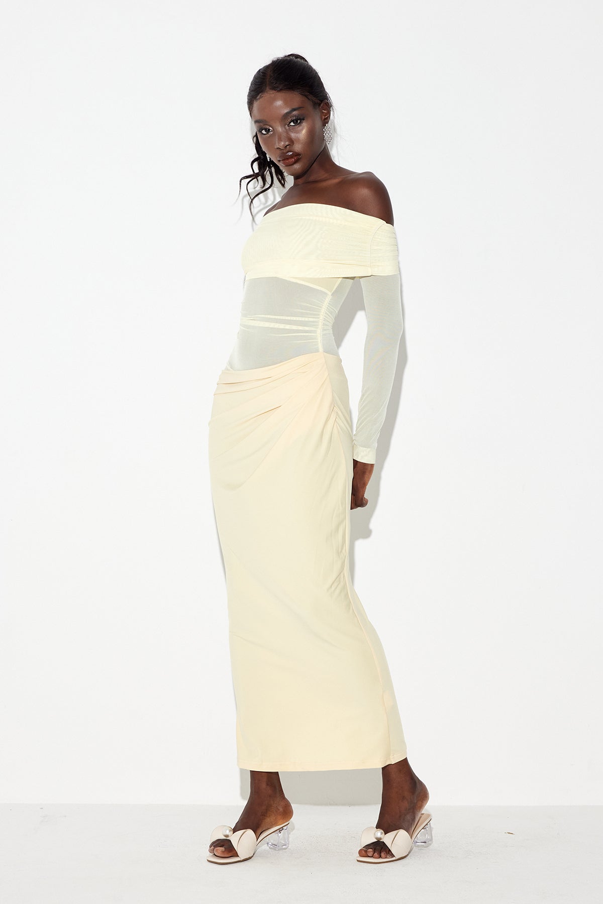 Earline Off Shoulder Ruch Mesh Maxi Dress In Yellow