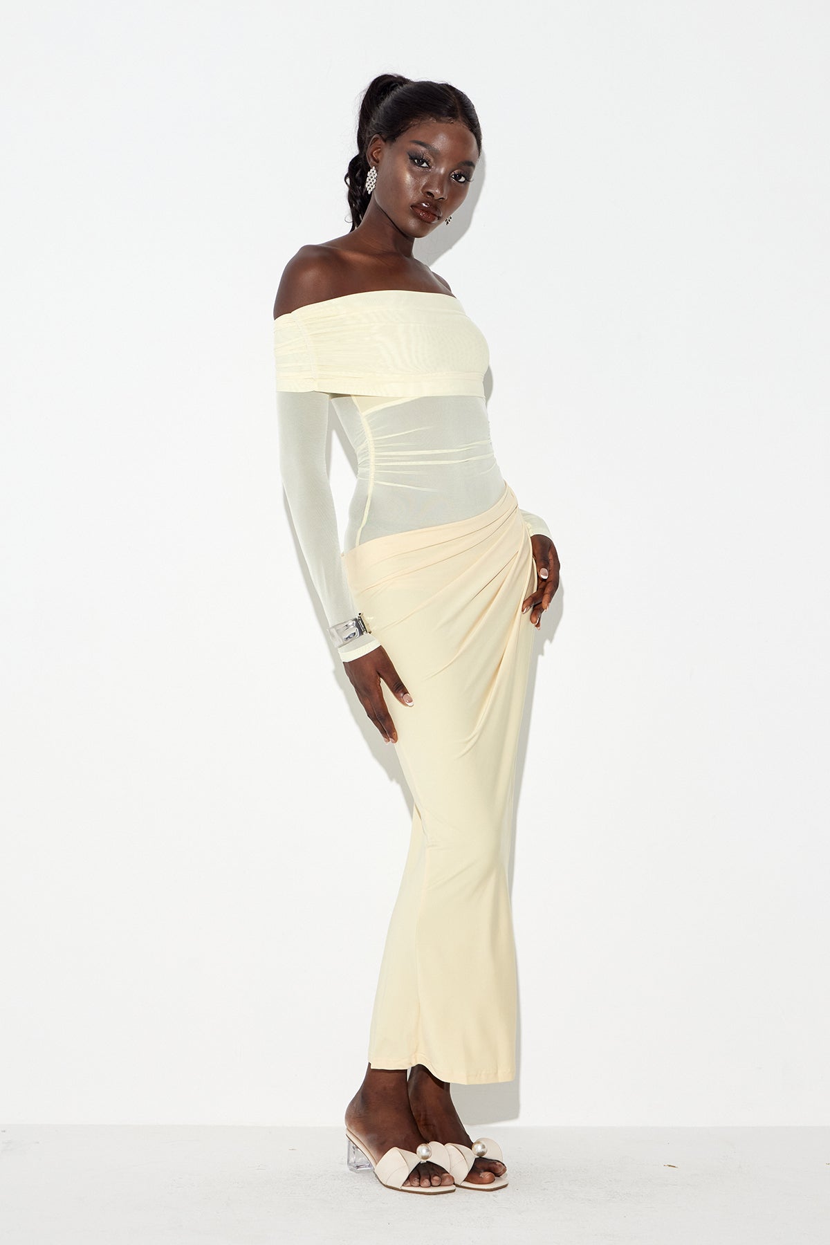 Earline Off Shoulder Ruch Mesh Maxi Dress In Yellow