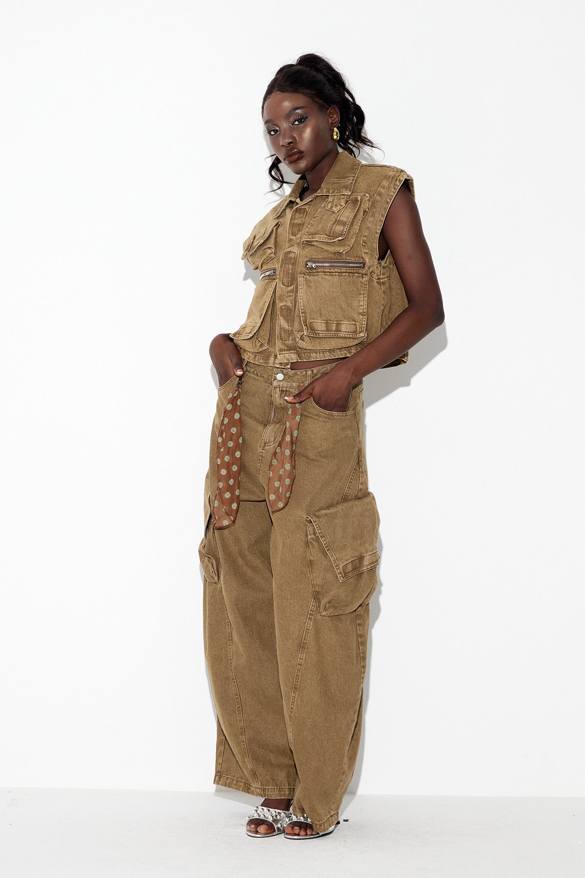 Ebele Pocket Cargo Denim Pants Set