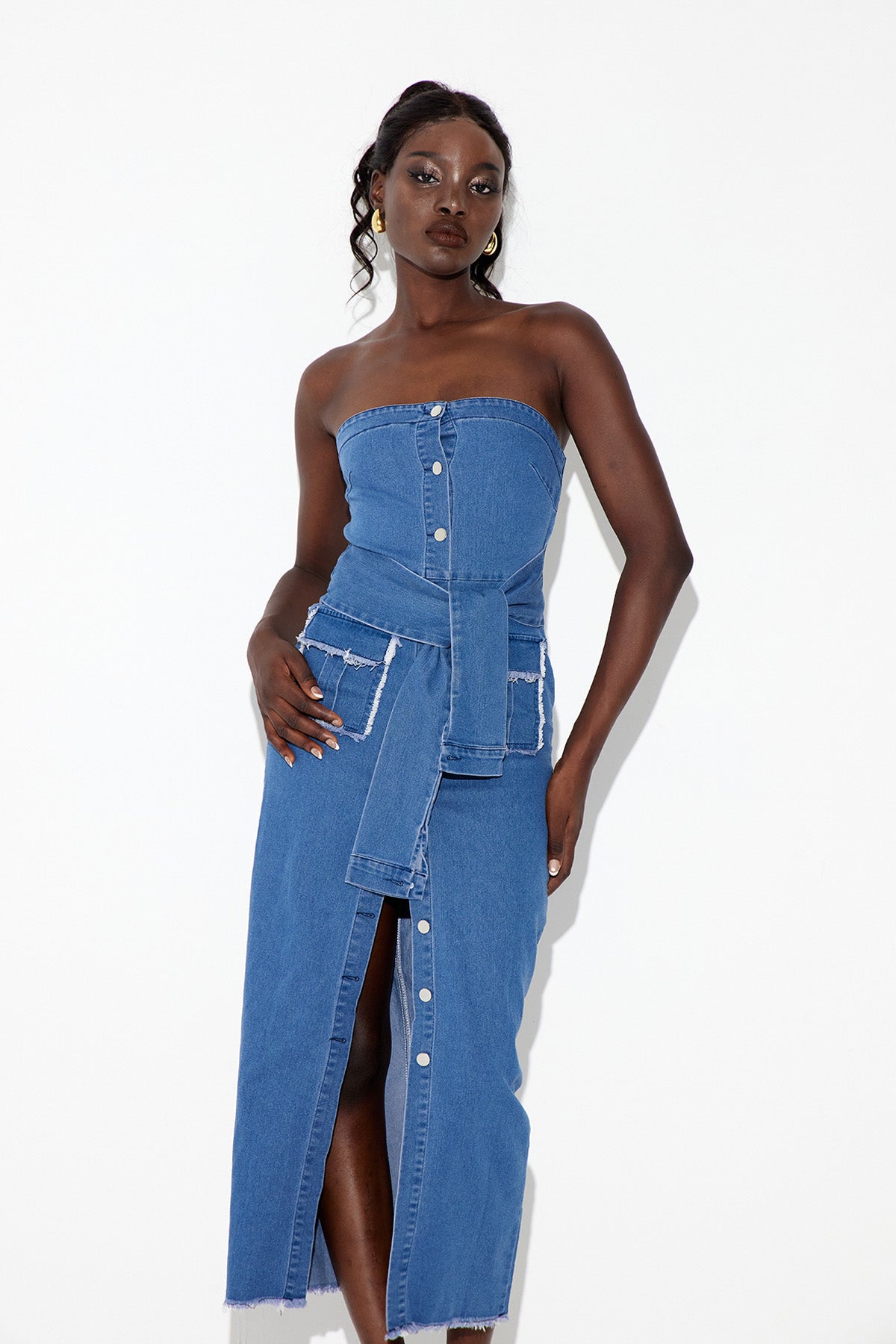 Eberwin Strapless Bodycon Denim Midi Dress