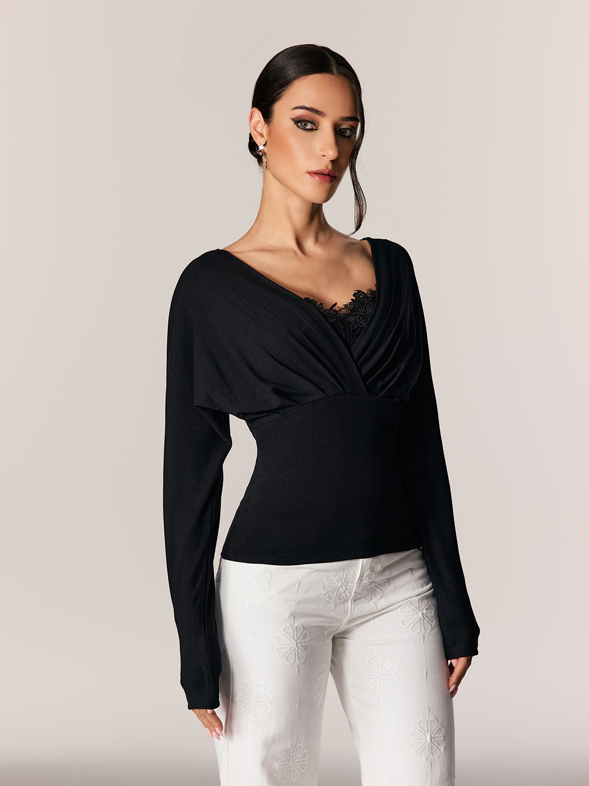 Edgaras V Neck Lace Ruch Top