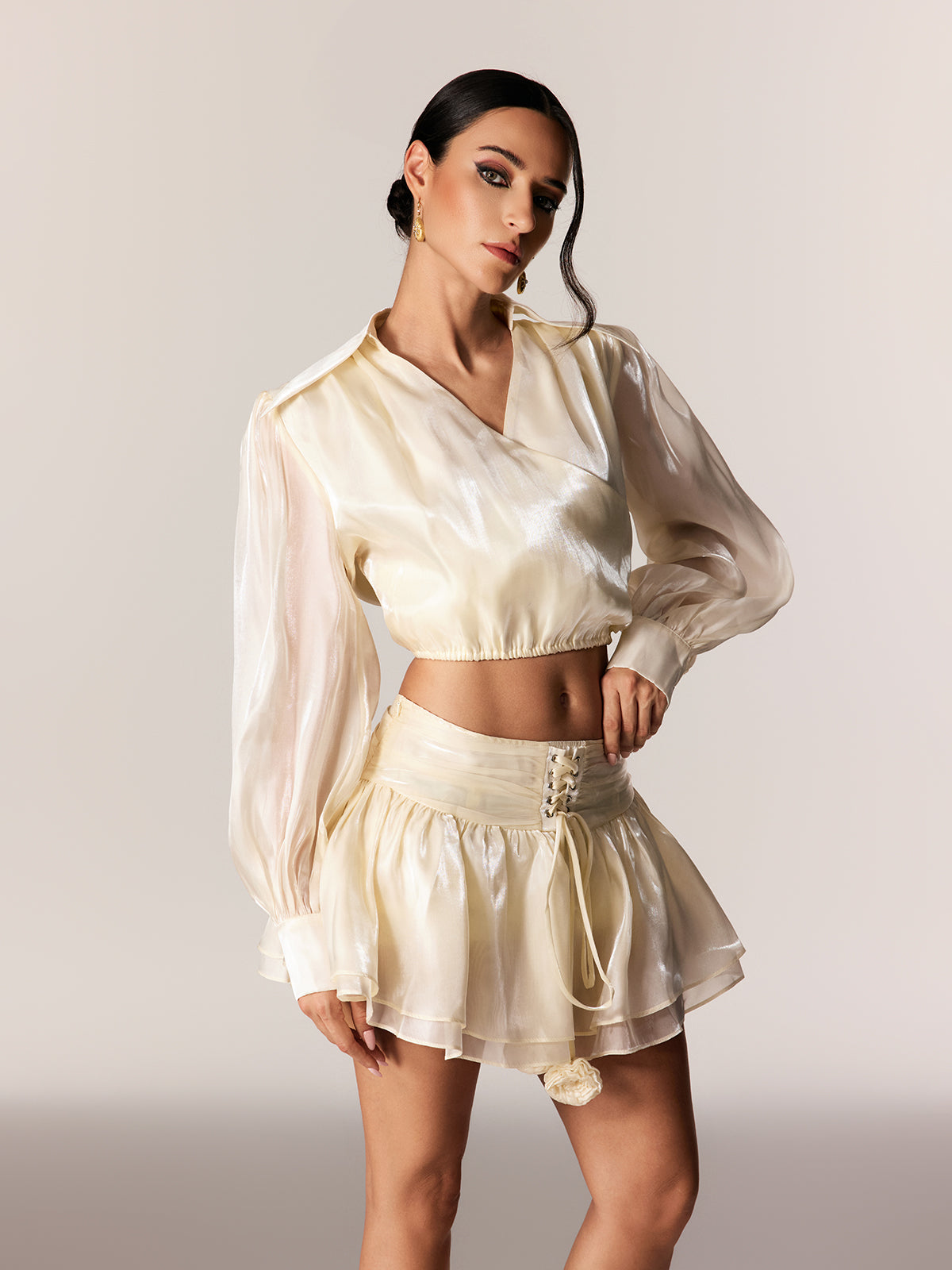 Edgardo Crop Lace Up  Ruffle Skirt Set