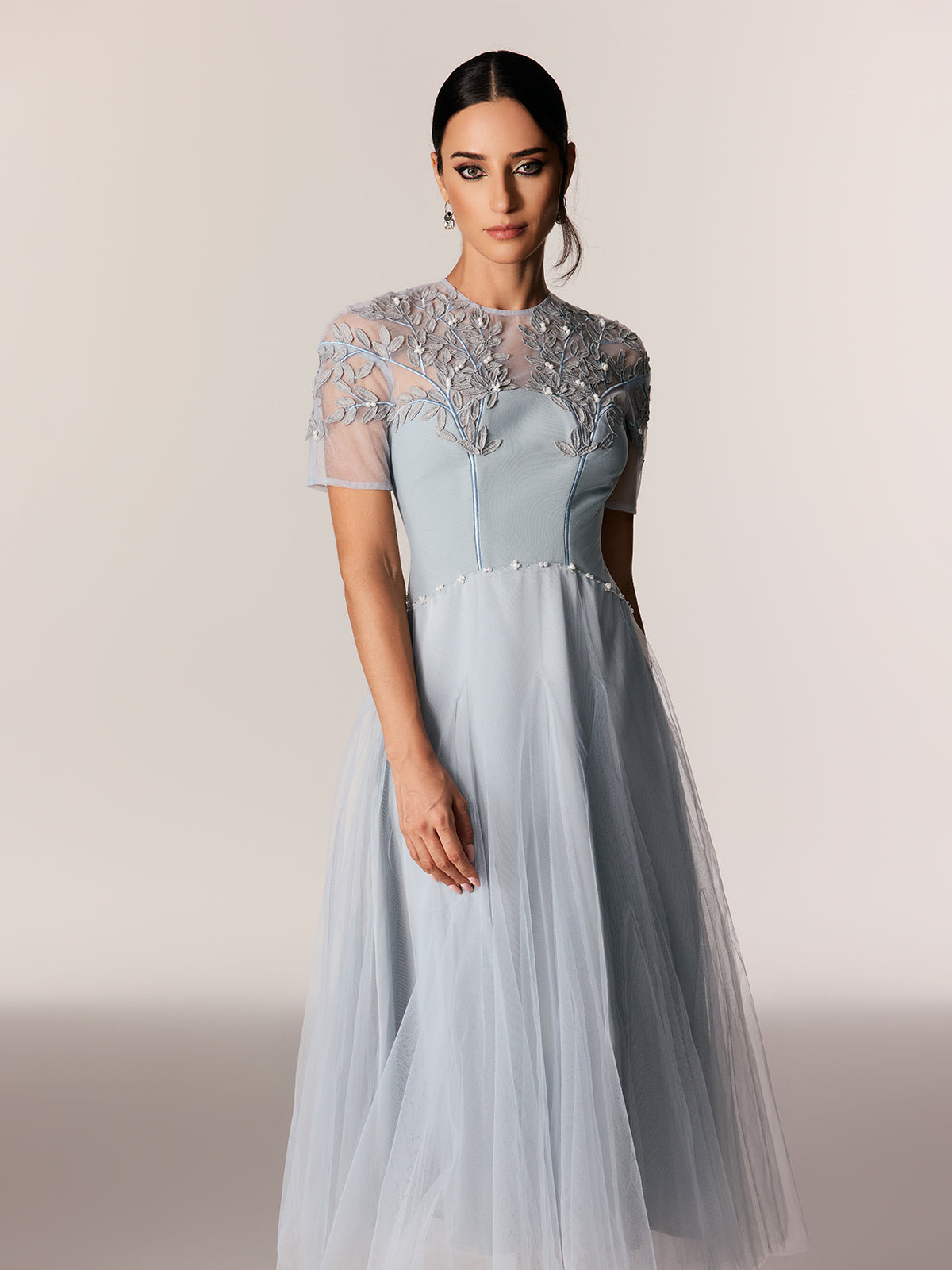 Edik Embroidered Pearl Mesh Midi Dress