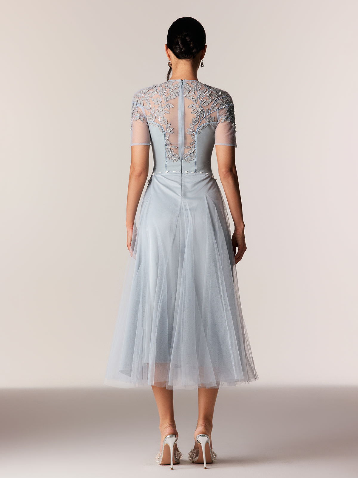 Edik Embroidered Pearl Mesh Midi Dress