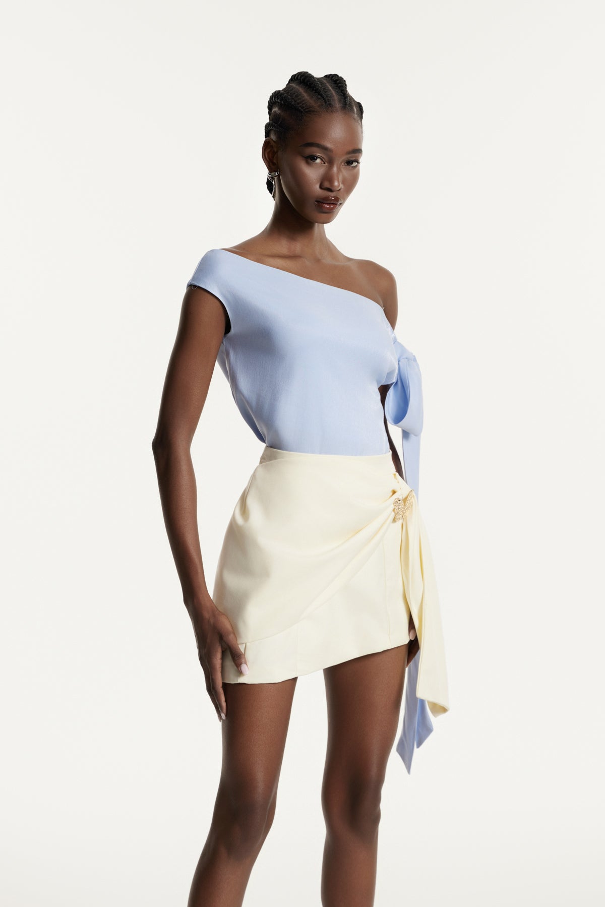 Ediz Asymmetric Ruch Skirt Set In Blue