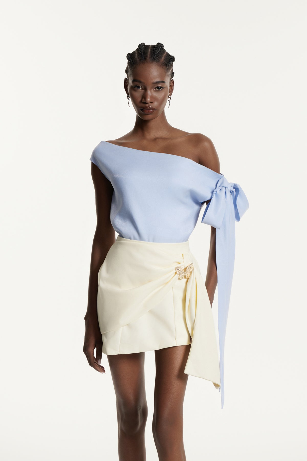 Ediz Asymmetric Ruch Skirt Set In Blue