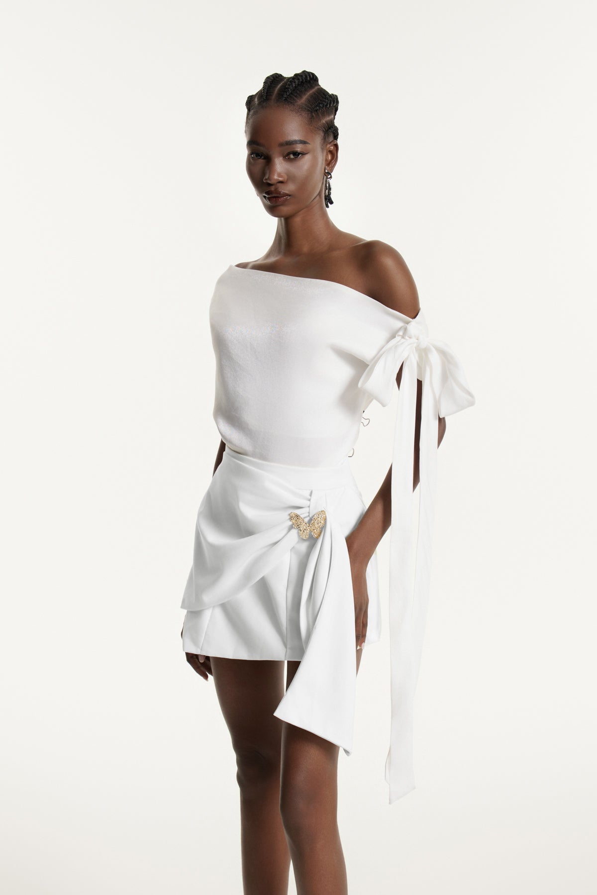 Ediz Asymmetric Ruch Skirt Set In White