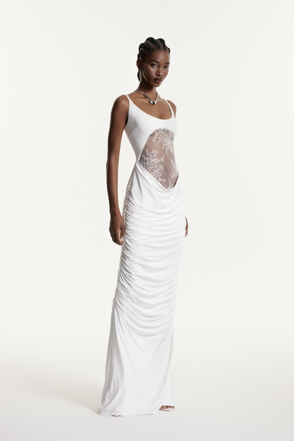 Edlira Spaghetti Ruch Lace Maxi Dress