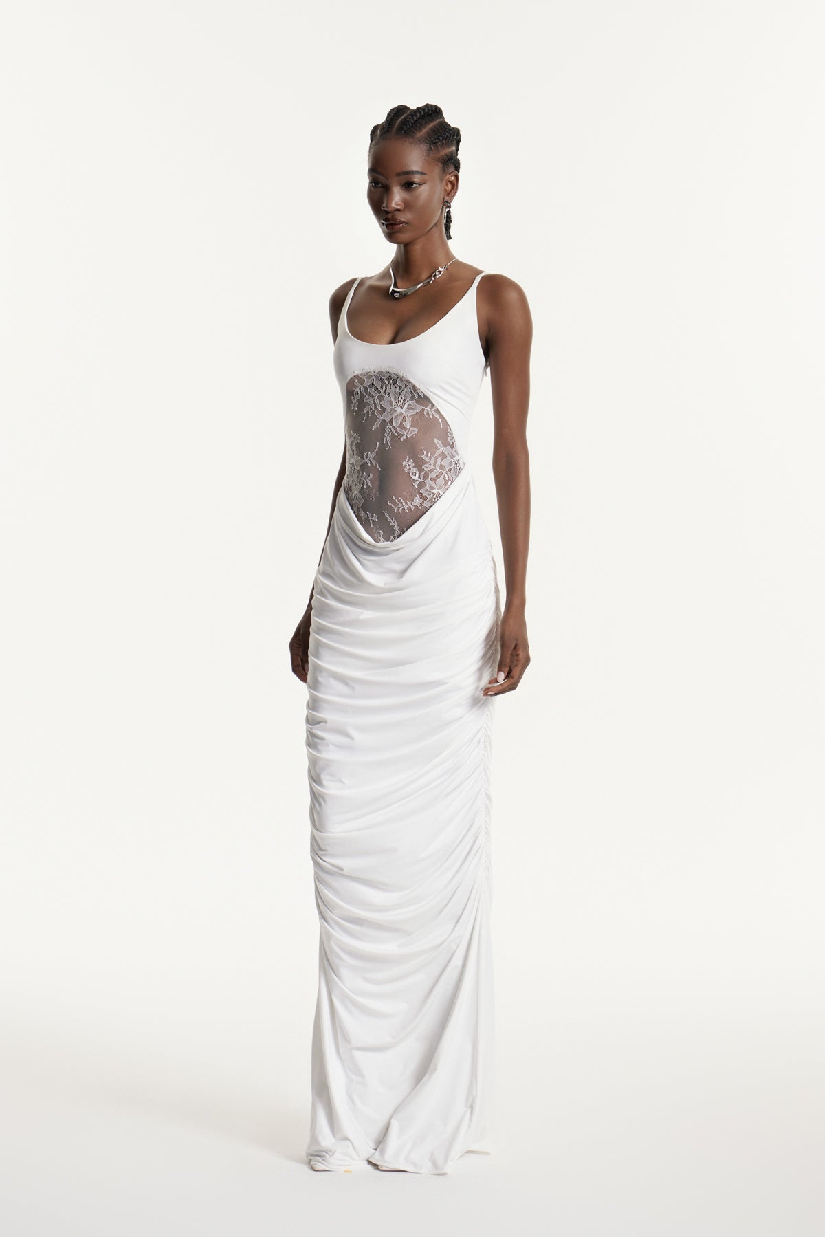 Edlira Spaghetti Ruch Lace Maxi Dress