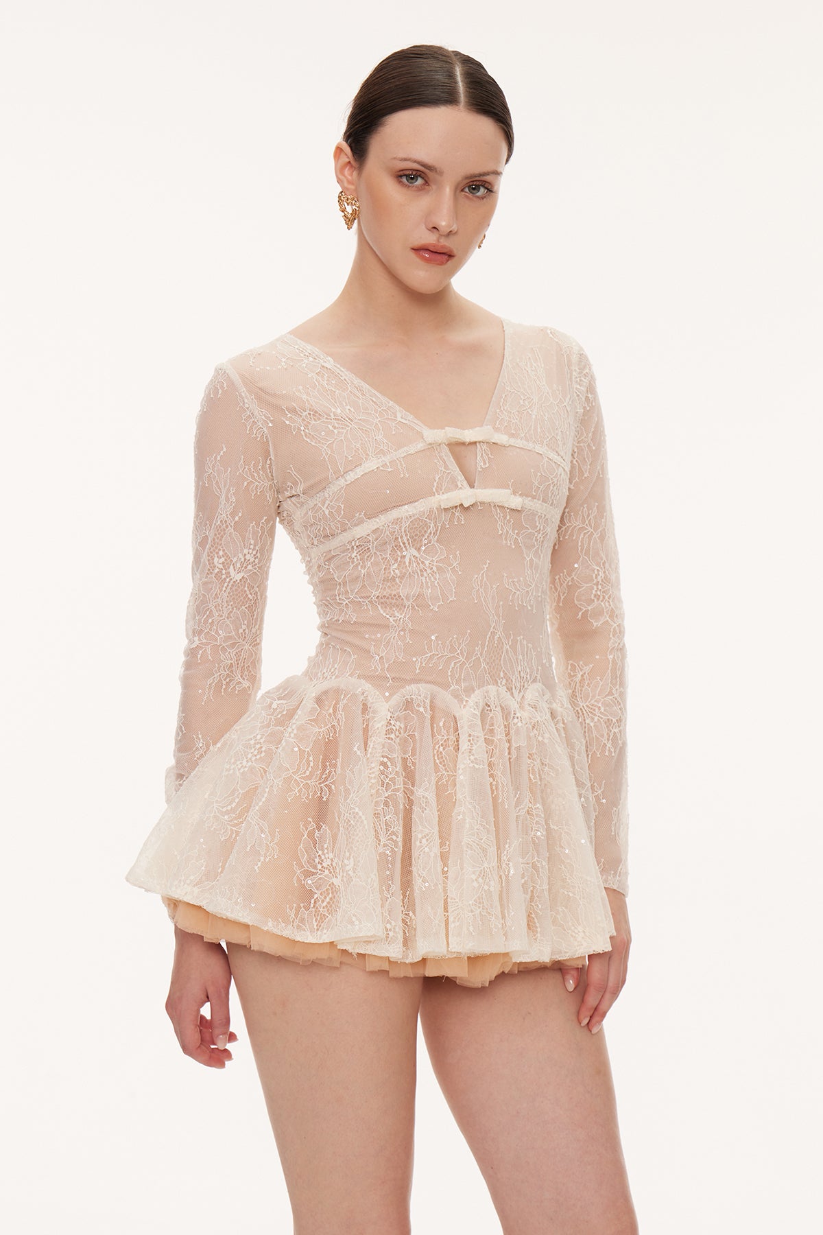 Edmond Lace Sequin Puffy Mini Dress In Apricot