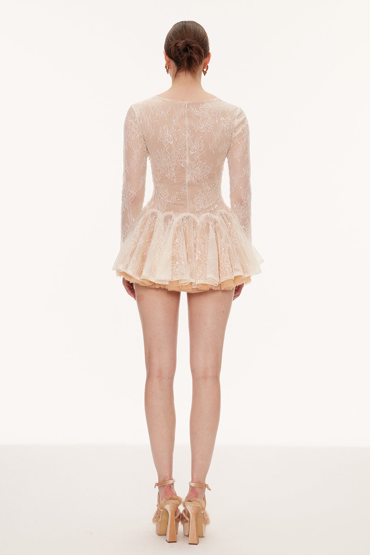 Edmond Lace Sequin Puffy Mini Dress In Apricot