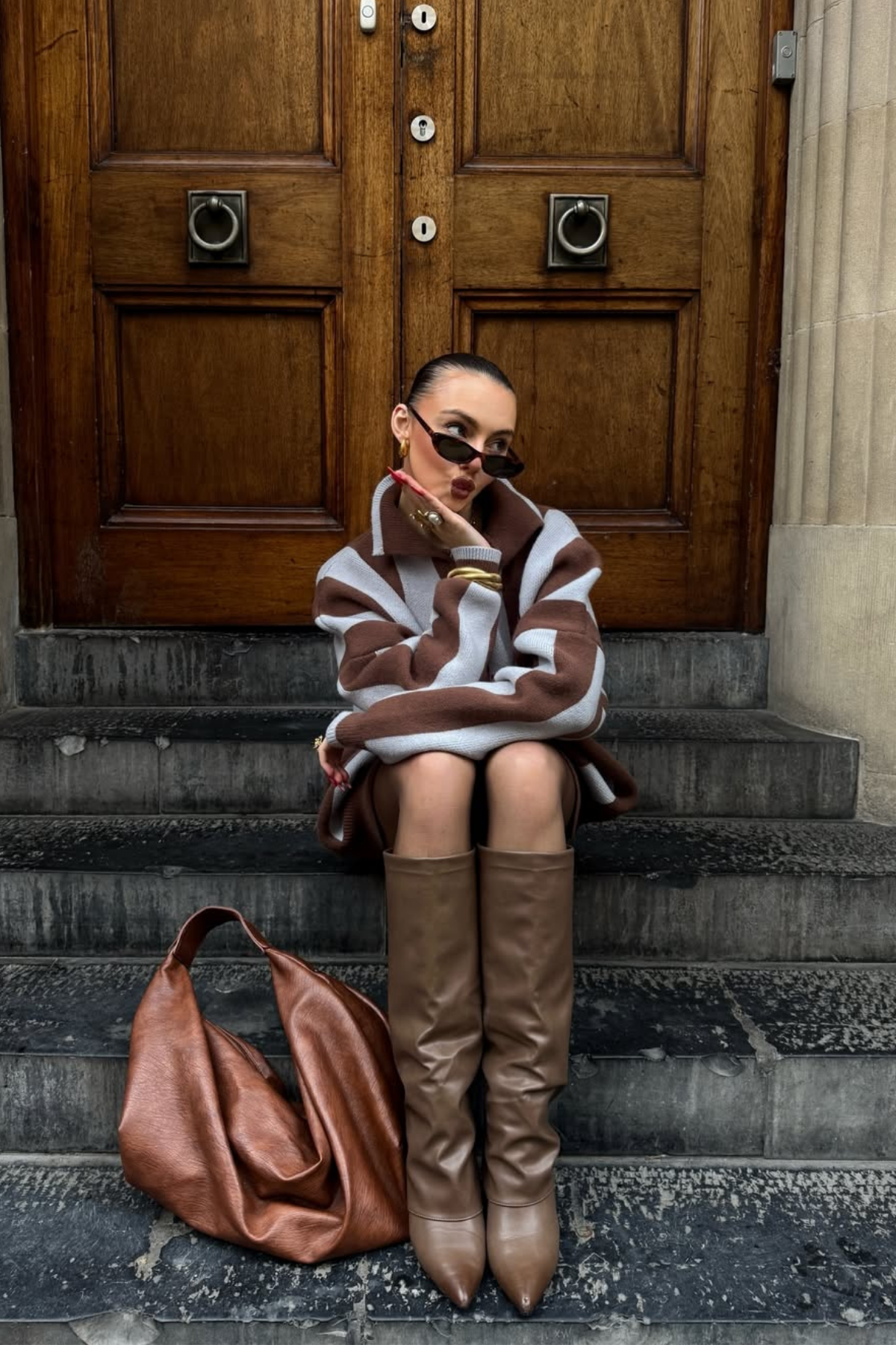 Edwena Stripe Knit Pants Set In Brown