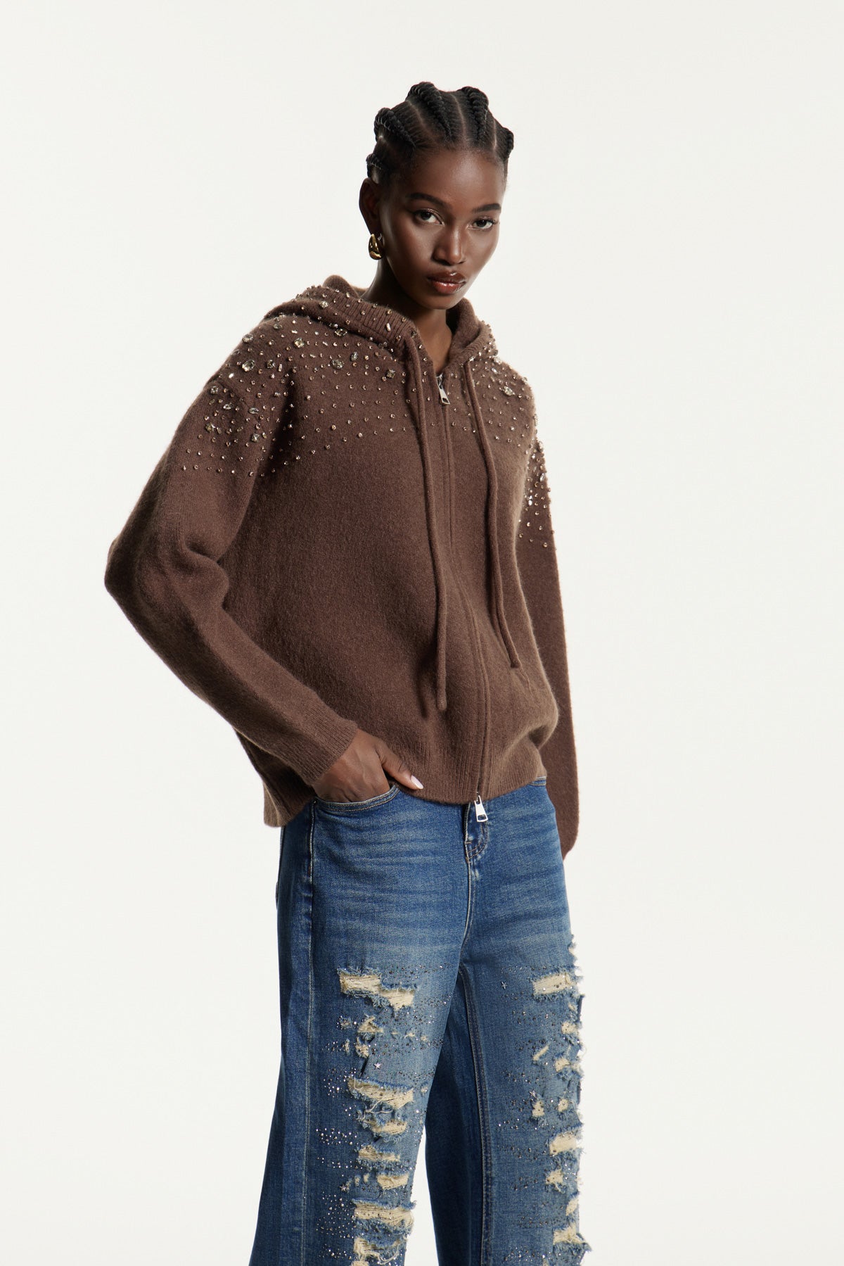 Edwyn Crystal Knit Top In Brown