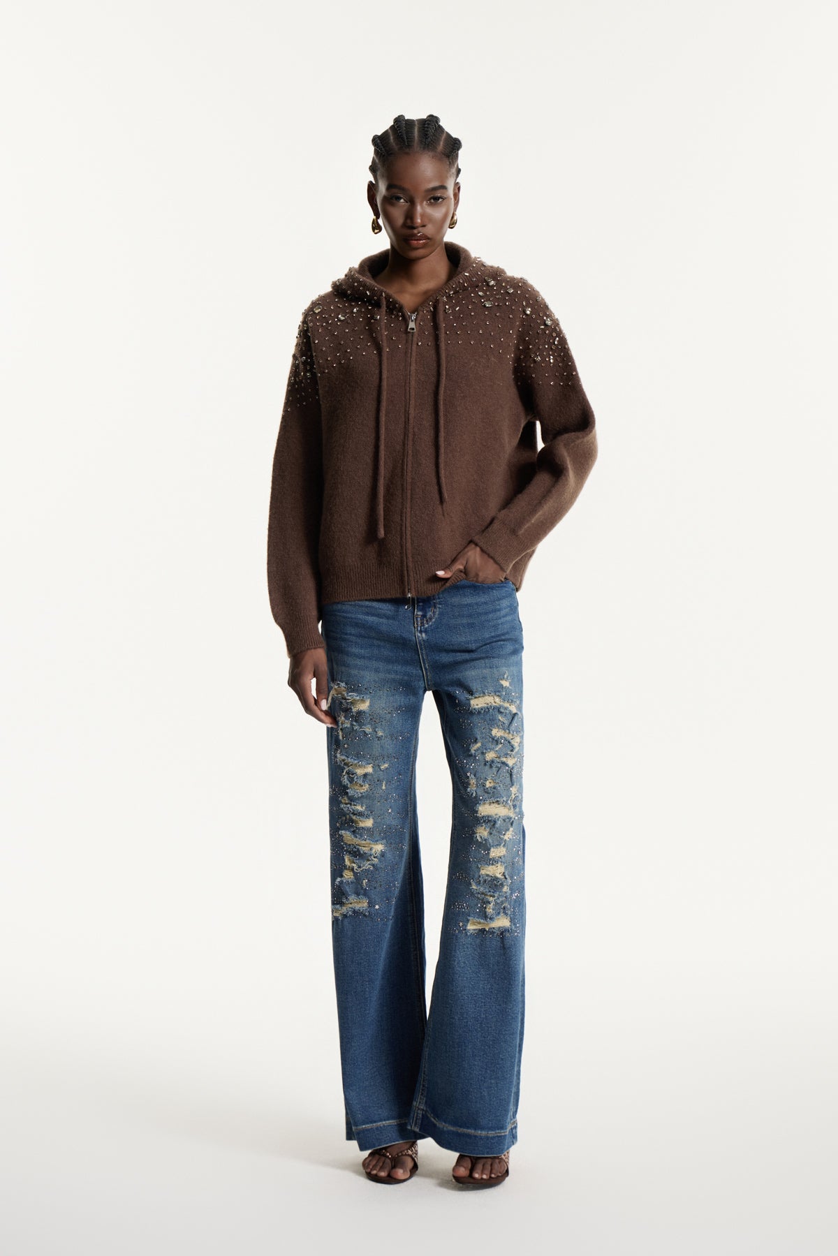 Edwyn Crystal Knit Top In Brown