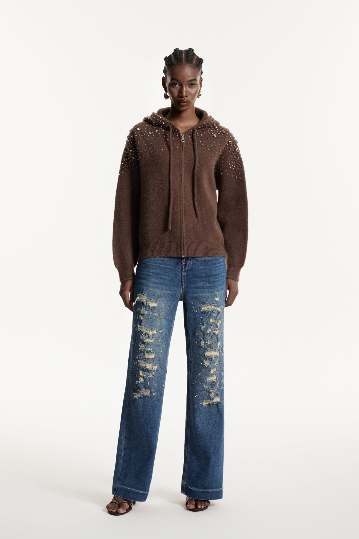 Edwyn Crystal Knit Top In Brown
