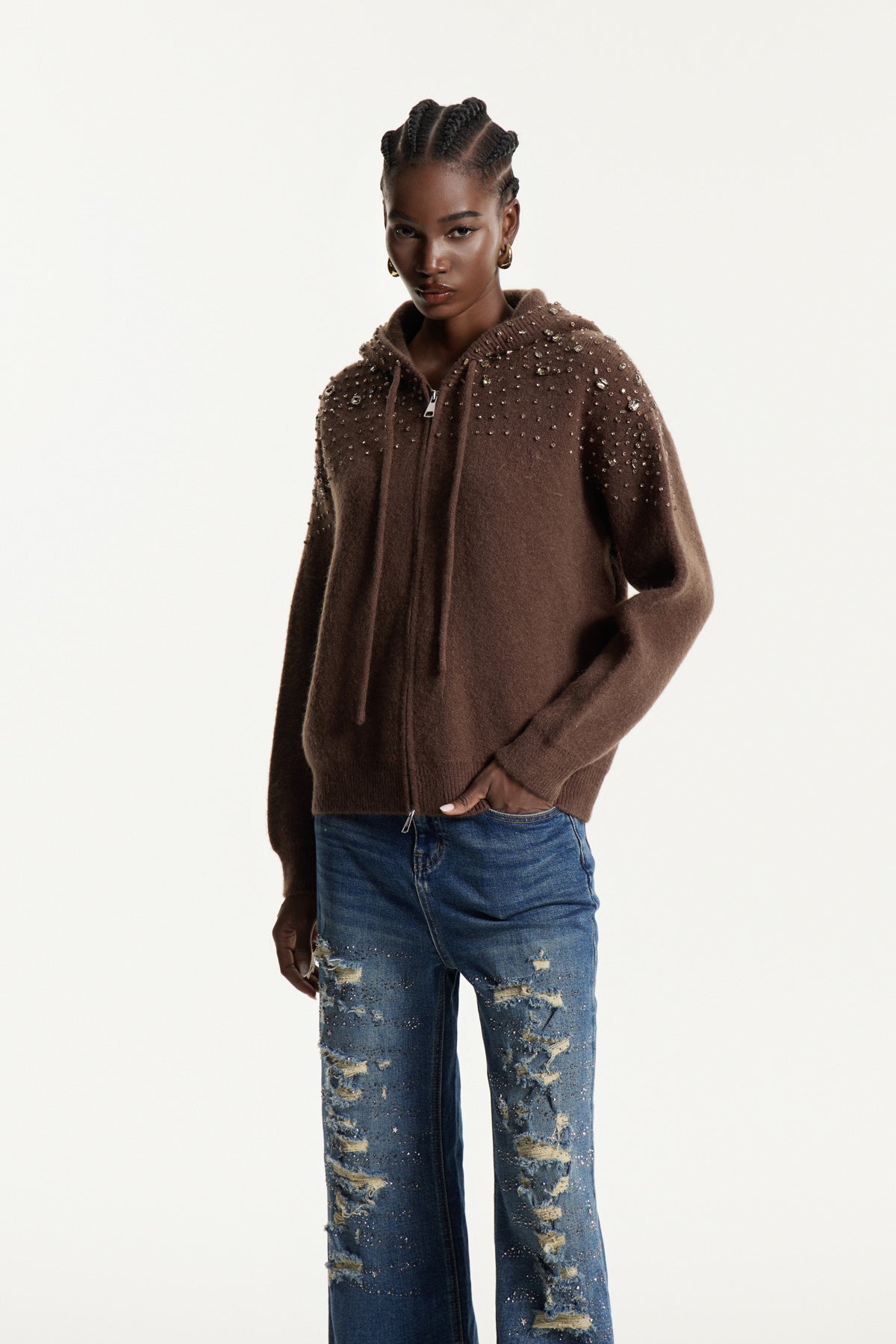 Edwyn Crystal Knit Top In Brown