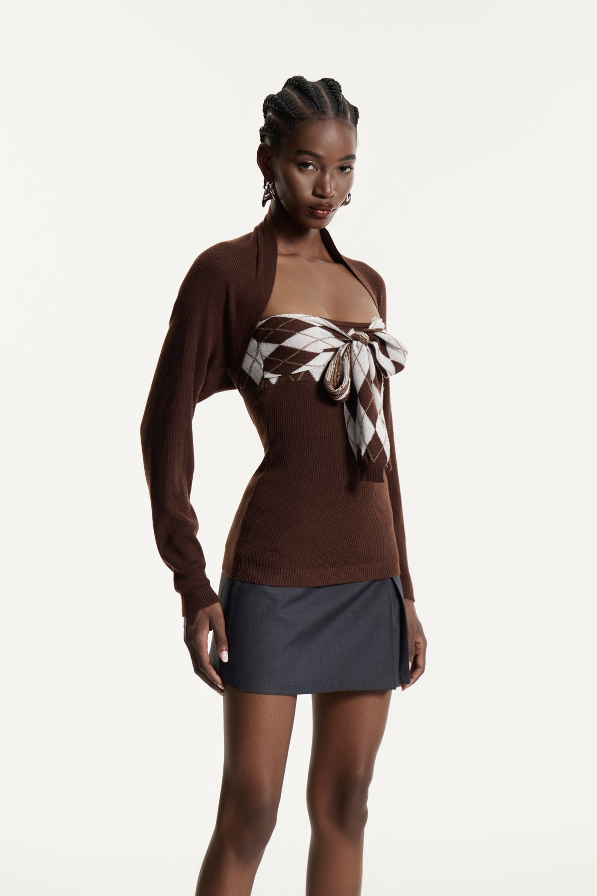 Edwyna Grid Tie Up Knit Top In Brown
