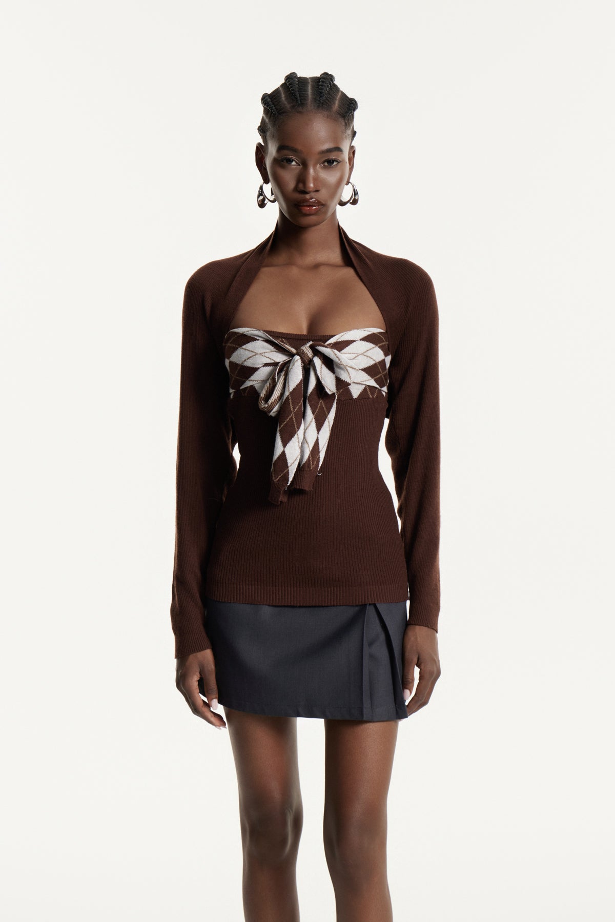 Edwyna Grid Tie Up Knit Top In Brown