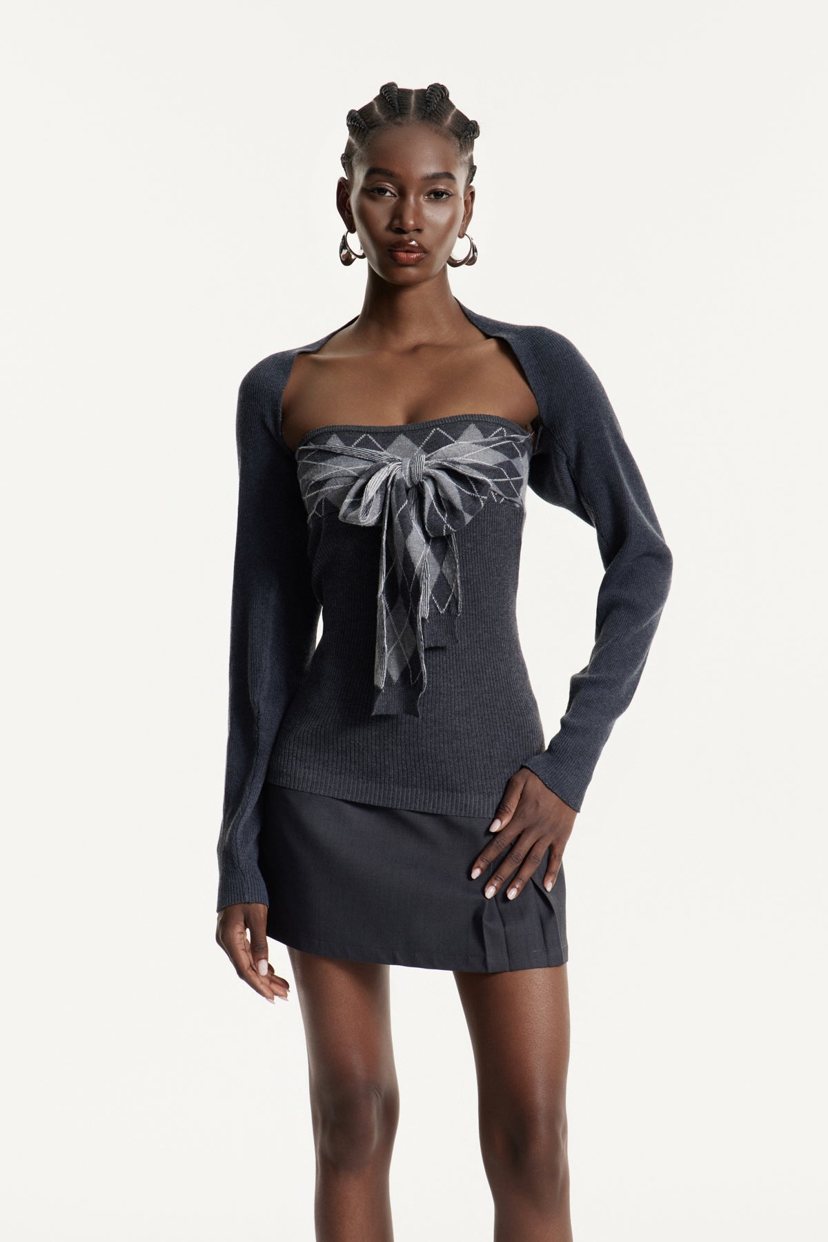 Edwyna Grid Tie Up Knit Top In Grey