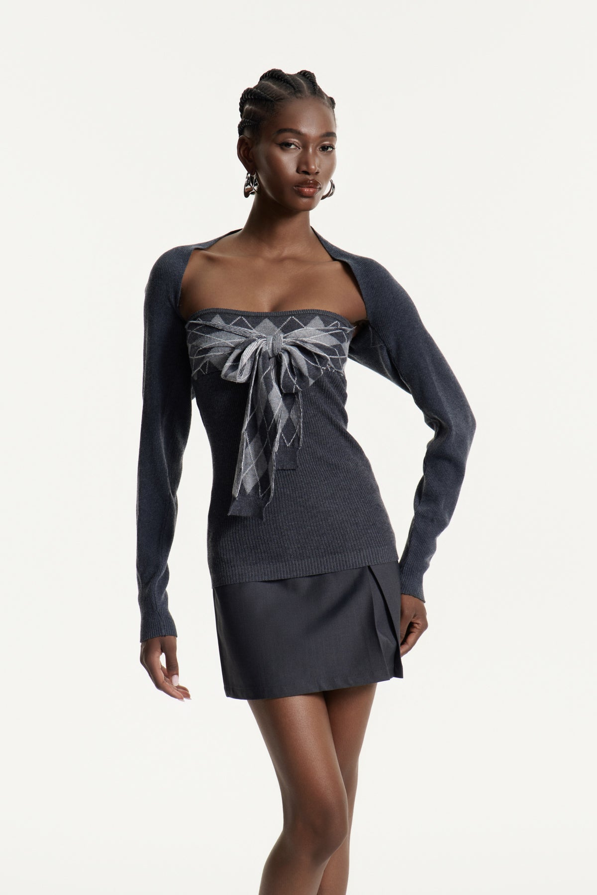 Edwyna Grid Tie Up Knit Top In Grey