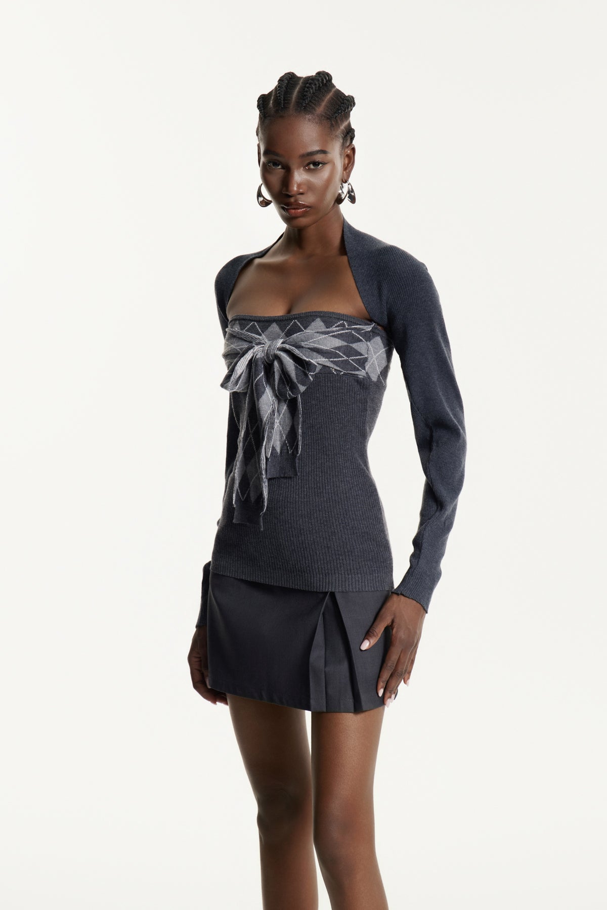 Edwyna Grid Tie Up Knit Top In Grey