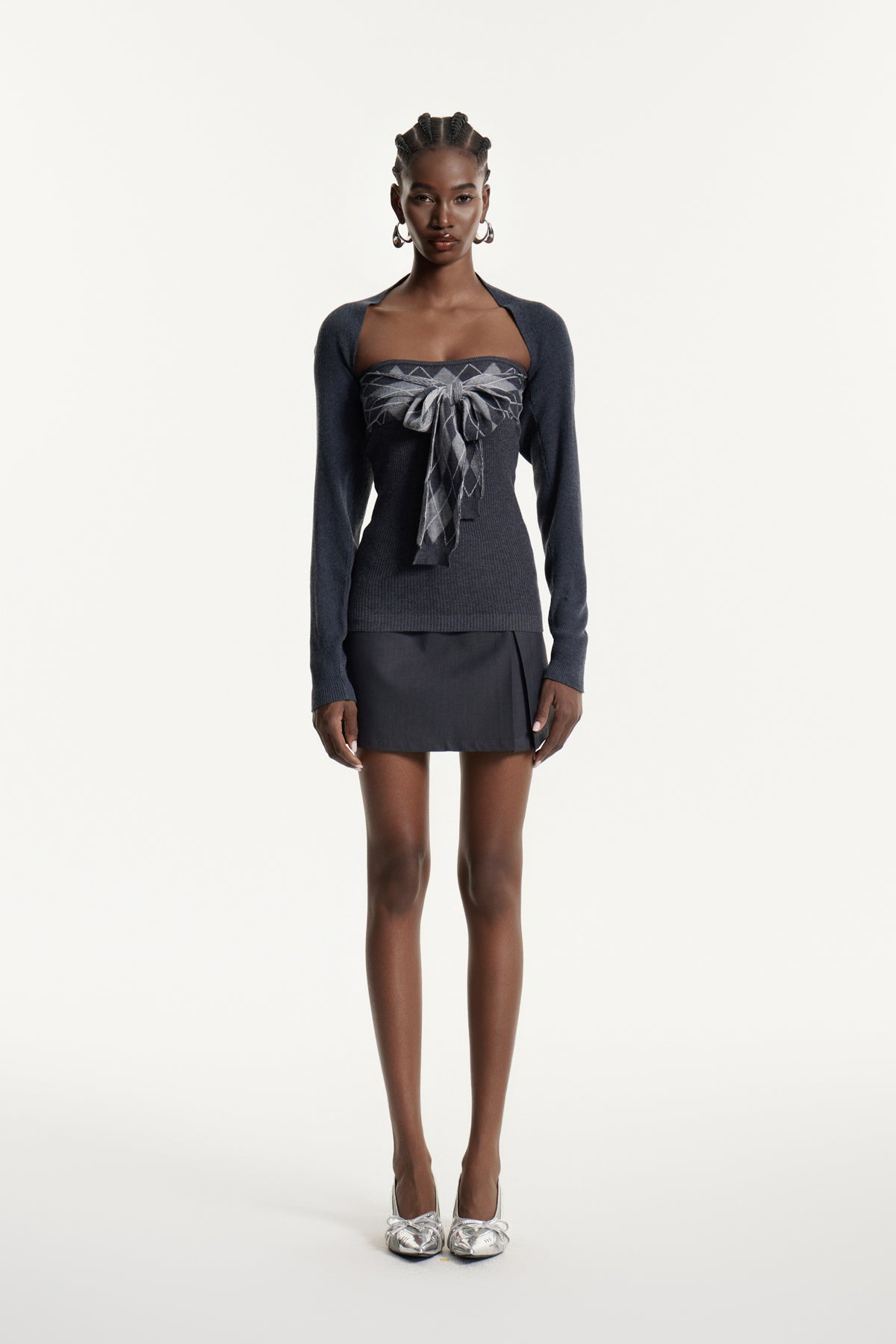 Edwyna Grid Tie Up Knit Top In Grey