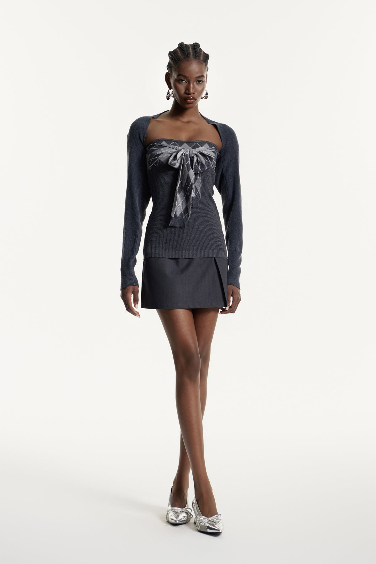 Edwyna Grid Tie Up Knit Top In Grey